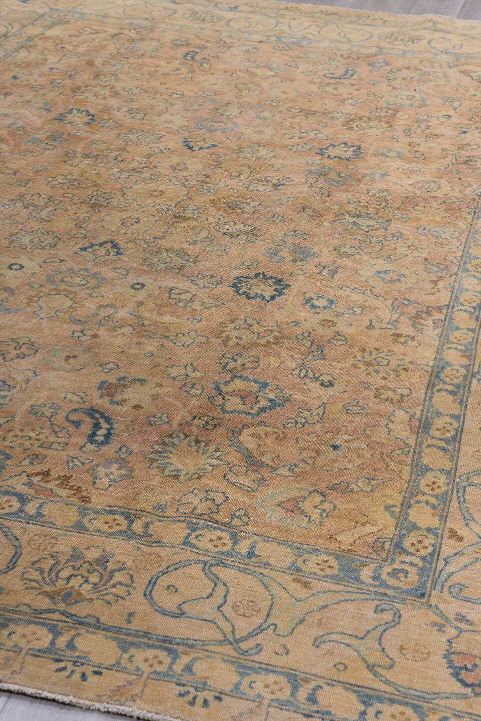 8' x 11' one-of-a-kind handmade vintage Meshed large size rug. Color palette: camel, ivory, slate, taupe, faded blue, beige