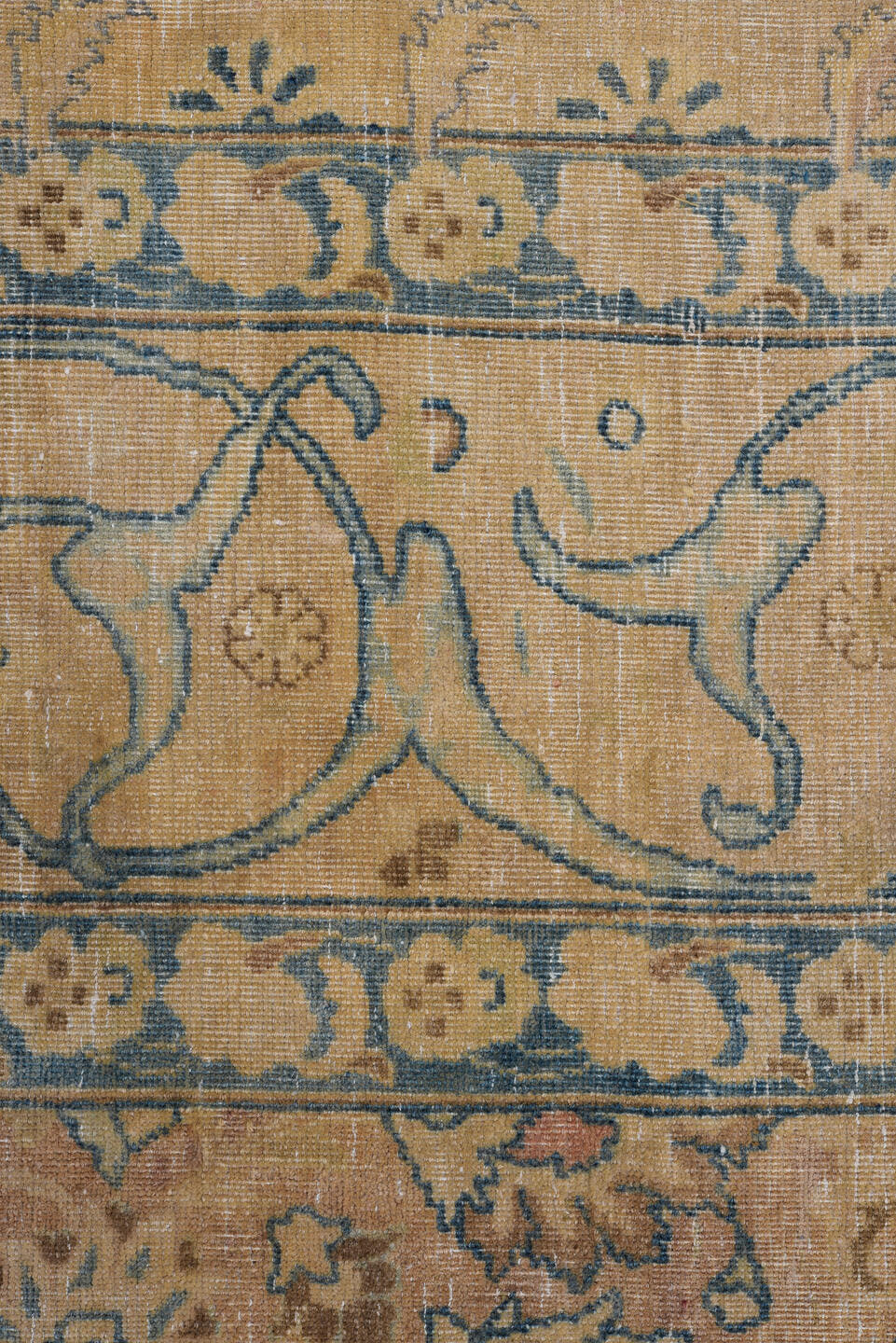 8' x 11' one-of-a-kind handmade vintage Meshed large size rug. Color palette: camel, ivory, slate, taupe, faded blue, beige