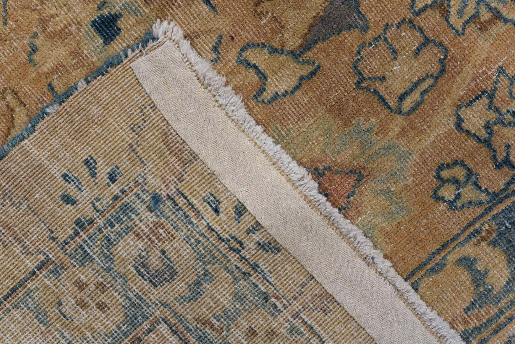 8' x 11' one-of-a-kind handmade vintage Meshed large size rug. Color palette: camel, ivory, slate, taupe, faded blue, beige