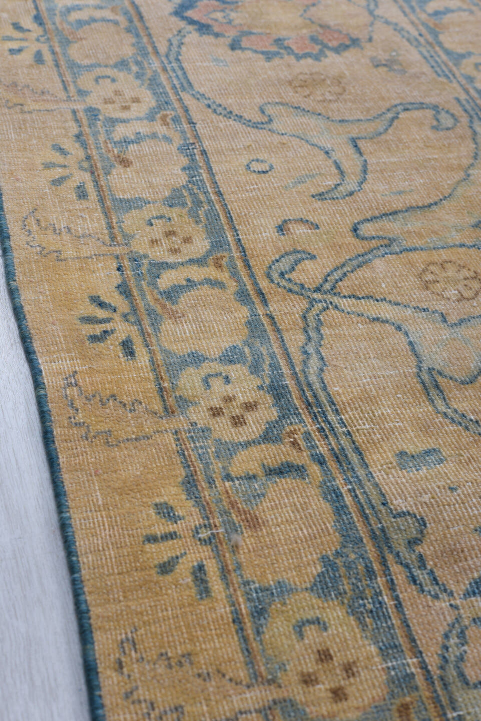 8' x 11' one-of-a-kind handmade vintage Meshed large size rug. Color palette: camel, ivory, slate, taupe, faded blue, beige