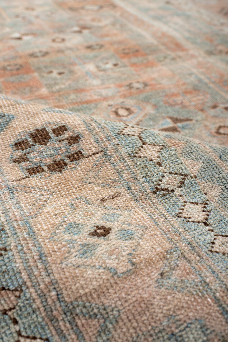 3' x 7' one-of-a-kind handmade antique Bidjar rug. Color palette: sky blue, ivory, blush, taupe, brown, camel, light blue