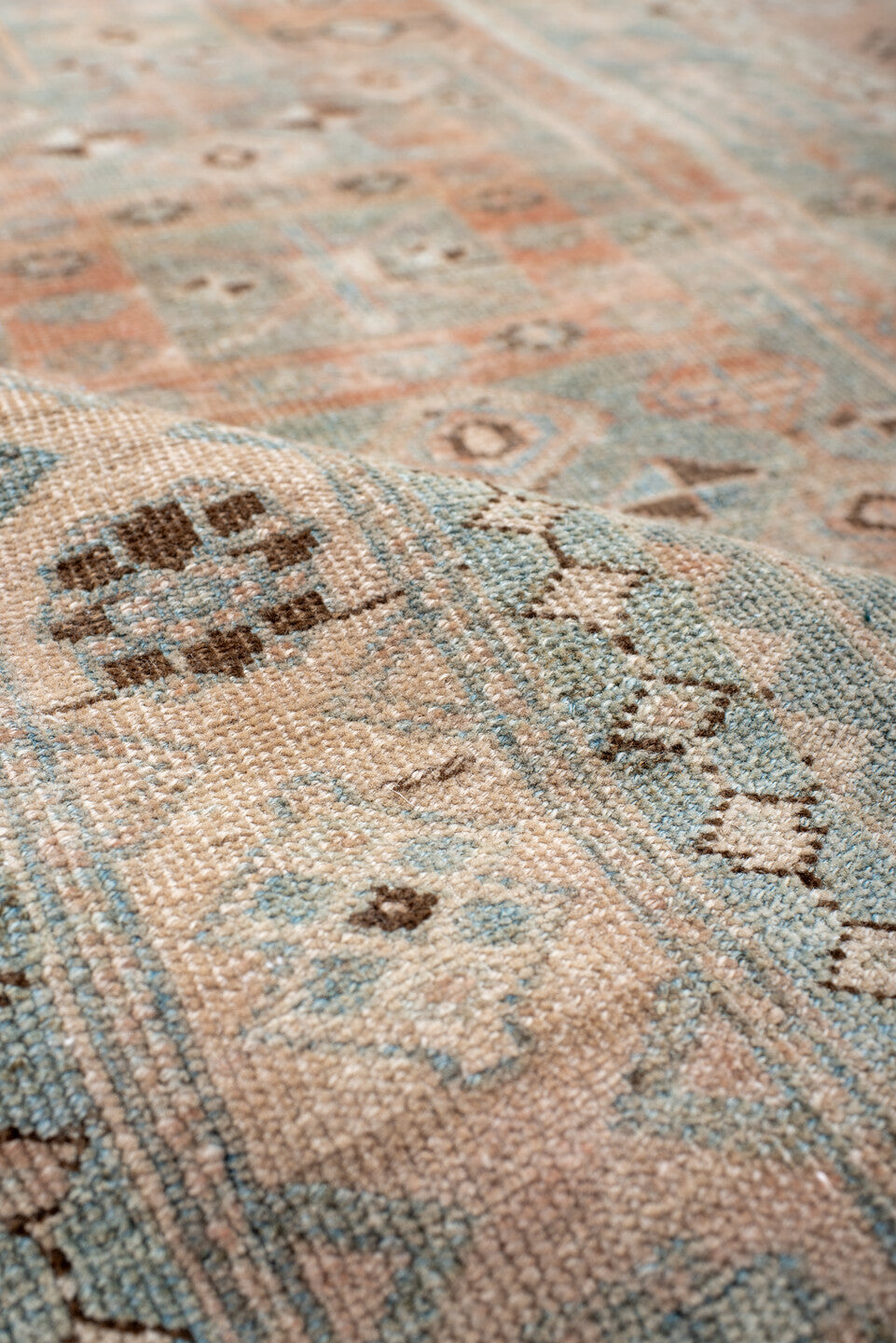 3' x 7' one-of-a-kind handmade antique Bidjar rug. Color palette: sky blue, ivory, blush, taupe, brown, camel, light blue