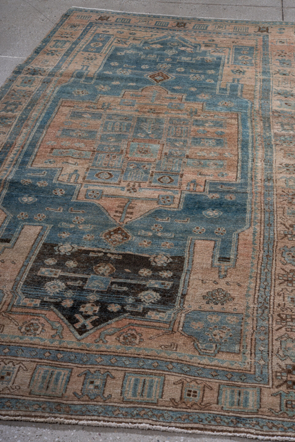 4' x 9' one-of-a-kind handmade antique Bidjar runner rug. Color palette: ivory, sky blue, slate blue, charcoal, taupe, camel