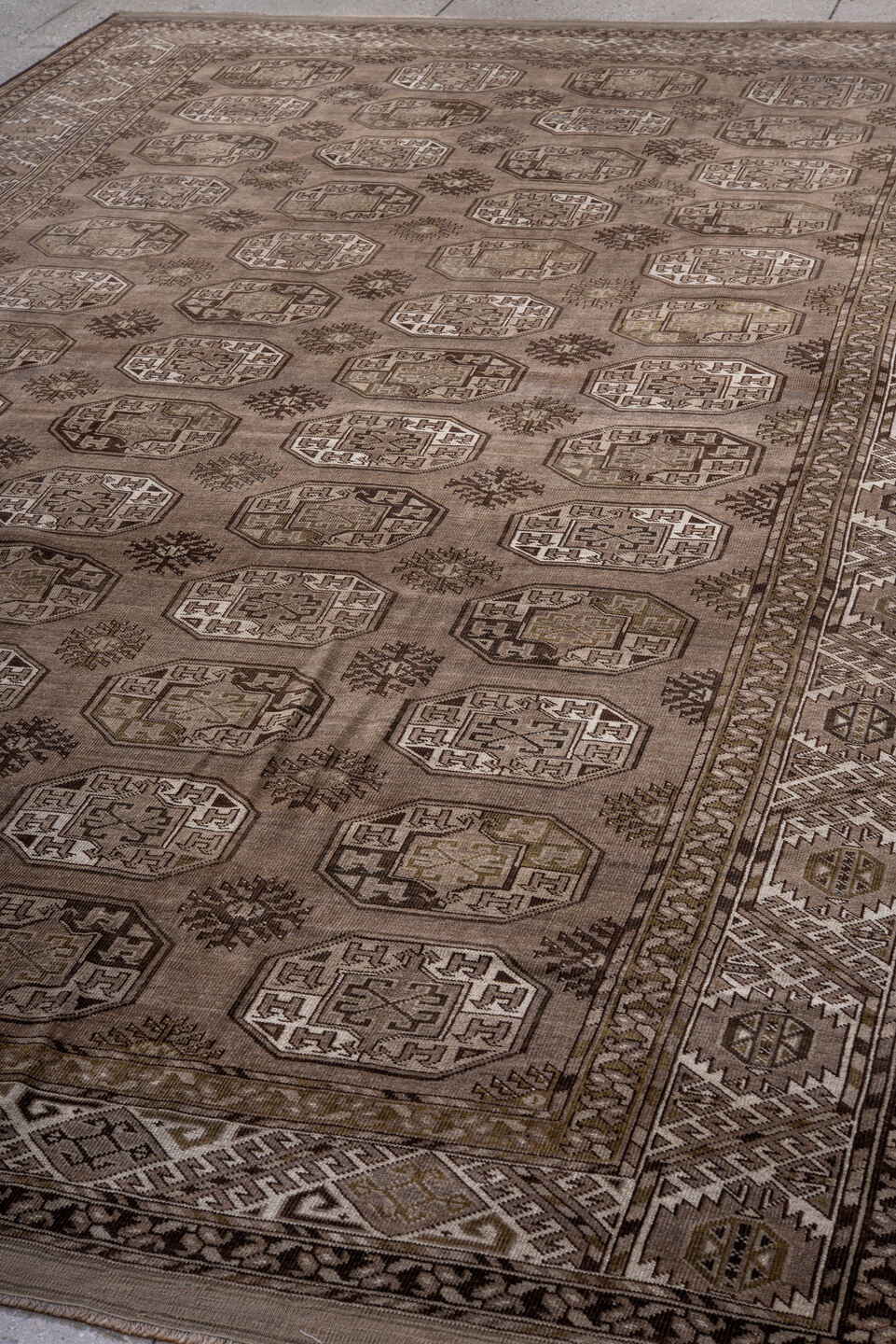 7' x 12' one-of-a-kind handmade vintage Afghan large size rug. Color palette: taupe, brown, ivory, charcoal, camel, beige