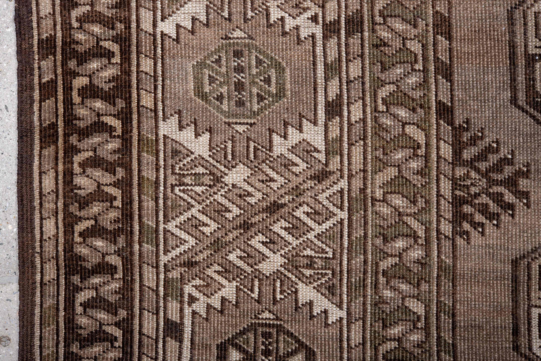 7' x 12' one-of-a-kind handmade vintage Afghan large size rug. Color palette: brown, gainsboro, gray, light gray, off-white