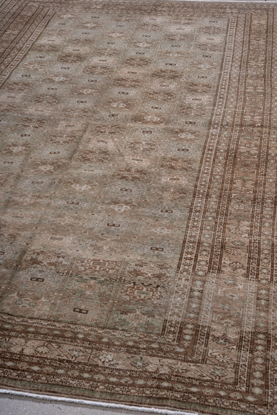 5' x 8' one-of-a-kind handmade antique Ardebil medium size rug. Color palette: taupe, brown, ivory, camel, beige, gray