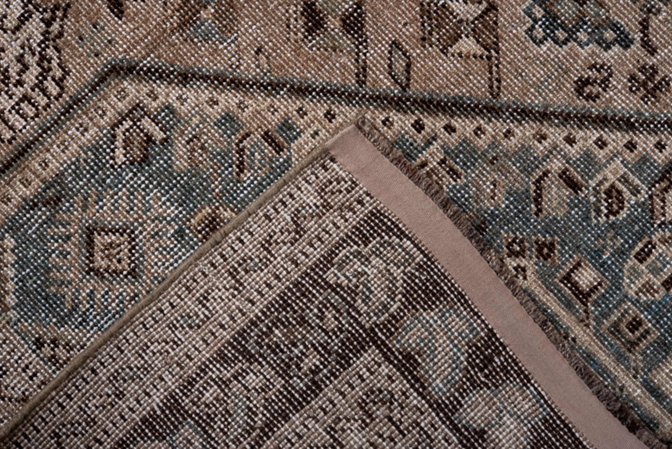 5' x 7' one-of-a-kind handmade vintage Shiraz rug. Color palette: black, blue, brown, charcoal, dim gray, gray, light gray