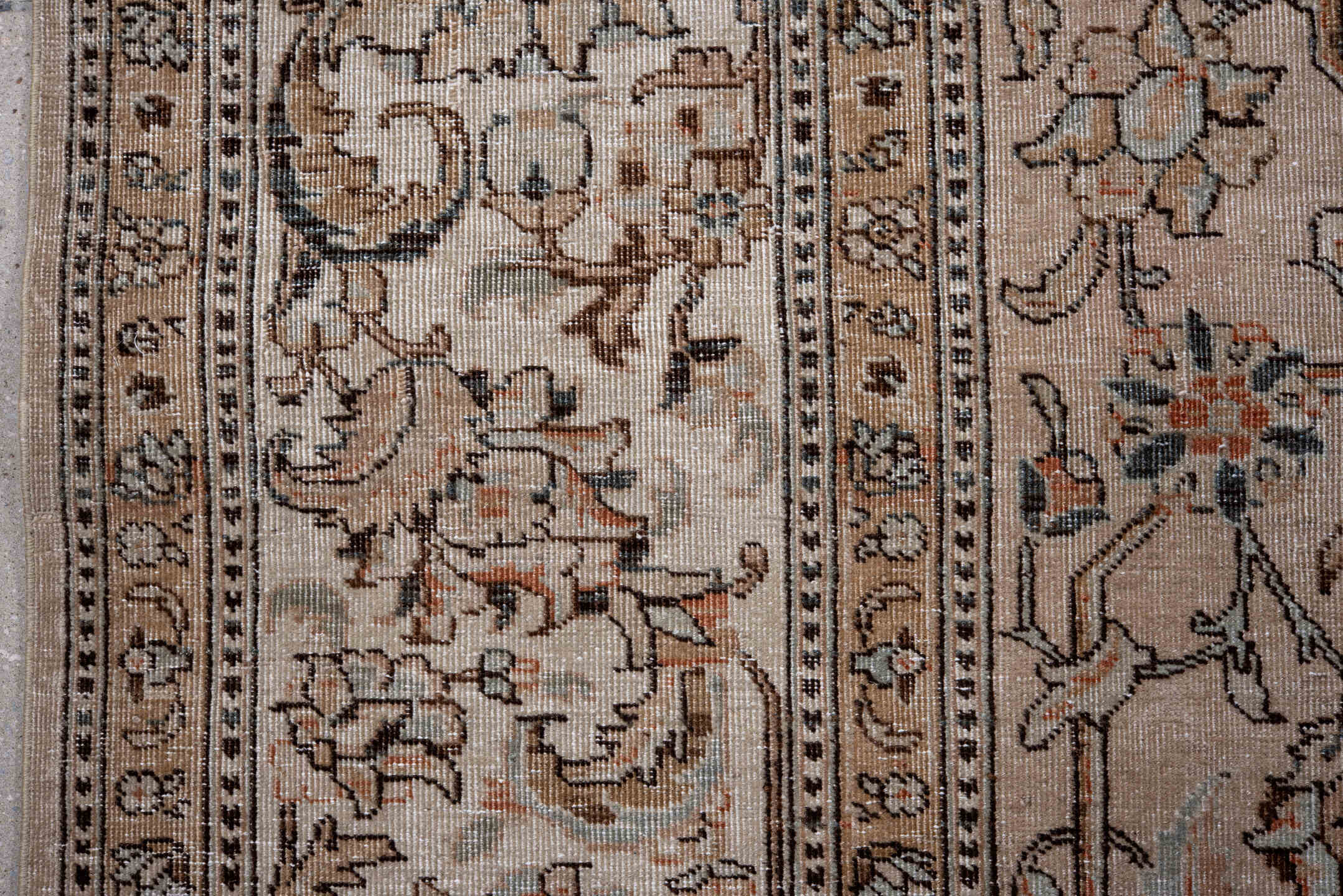 8' x 10' one-of-a-kind handmade antique Tabriz large size rug. Color palette: ivory, beige, taupe, camel, slate, rust, brown
