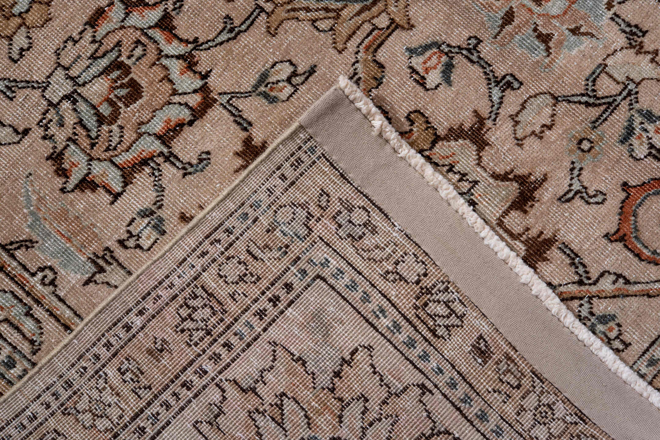 8' x 10' one-of-a-kind handmade antique Tabriz large size rug. Color palette: ivory, beige, taupe, camel, slate, rust, brown