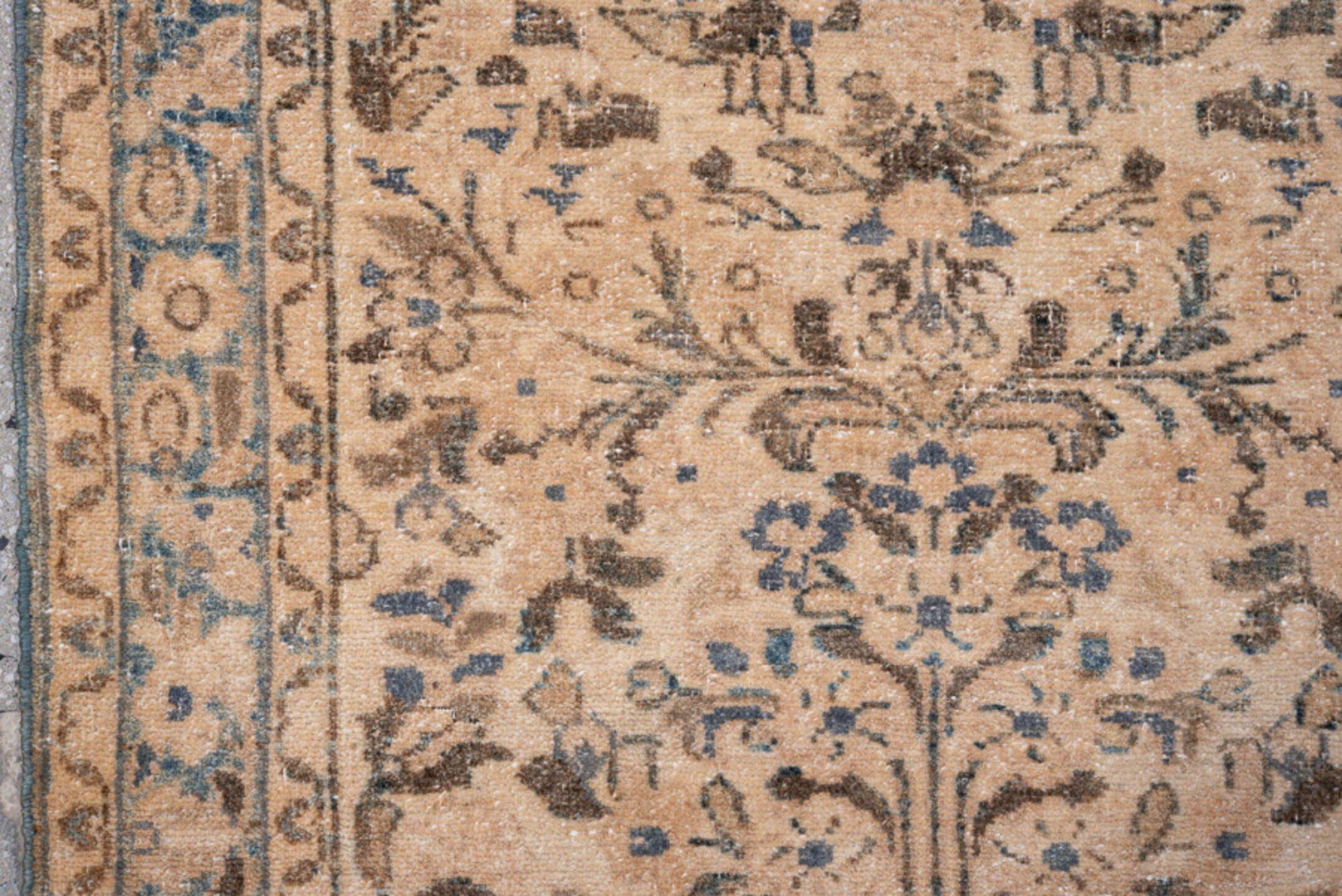 2' x 6' one-of-a-kind handmade antique Lilian runner rug. Color palette: ivory, sky blue, brown, taupe, beige, light blue