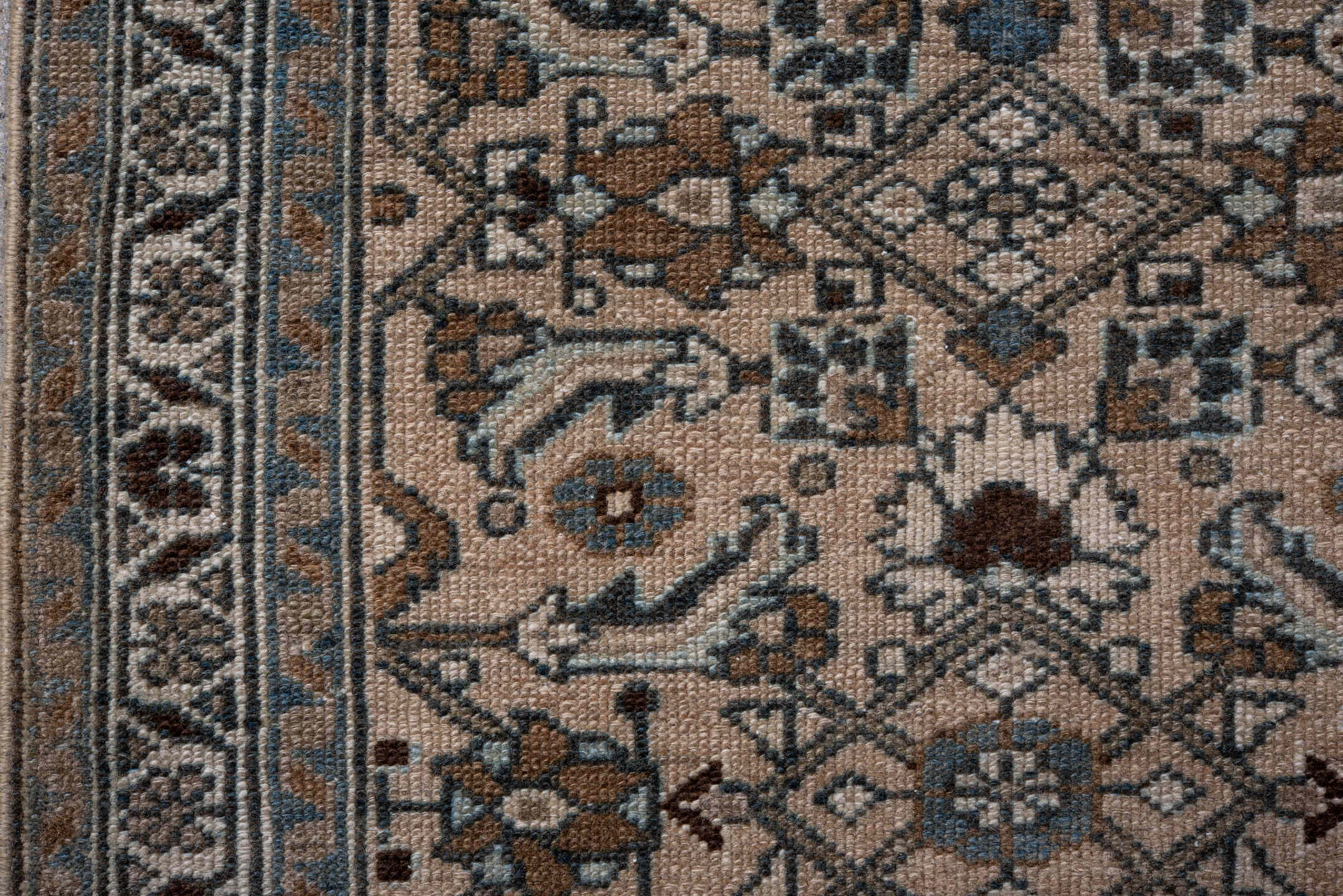 2' x 11' one-of-a-kind handmade antique Hamadan runner rug. Color palette: ivory, brown, sky_blue, camel, taupe, slate