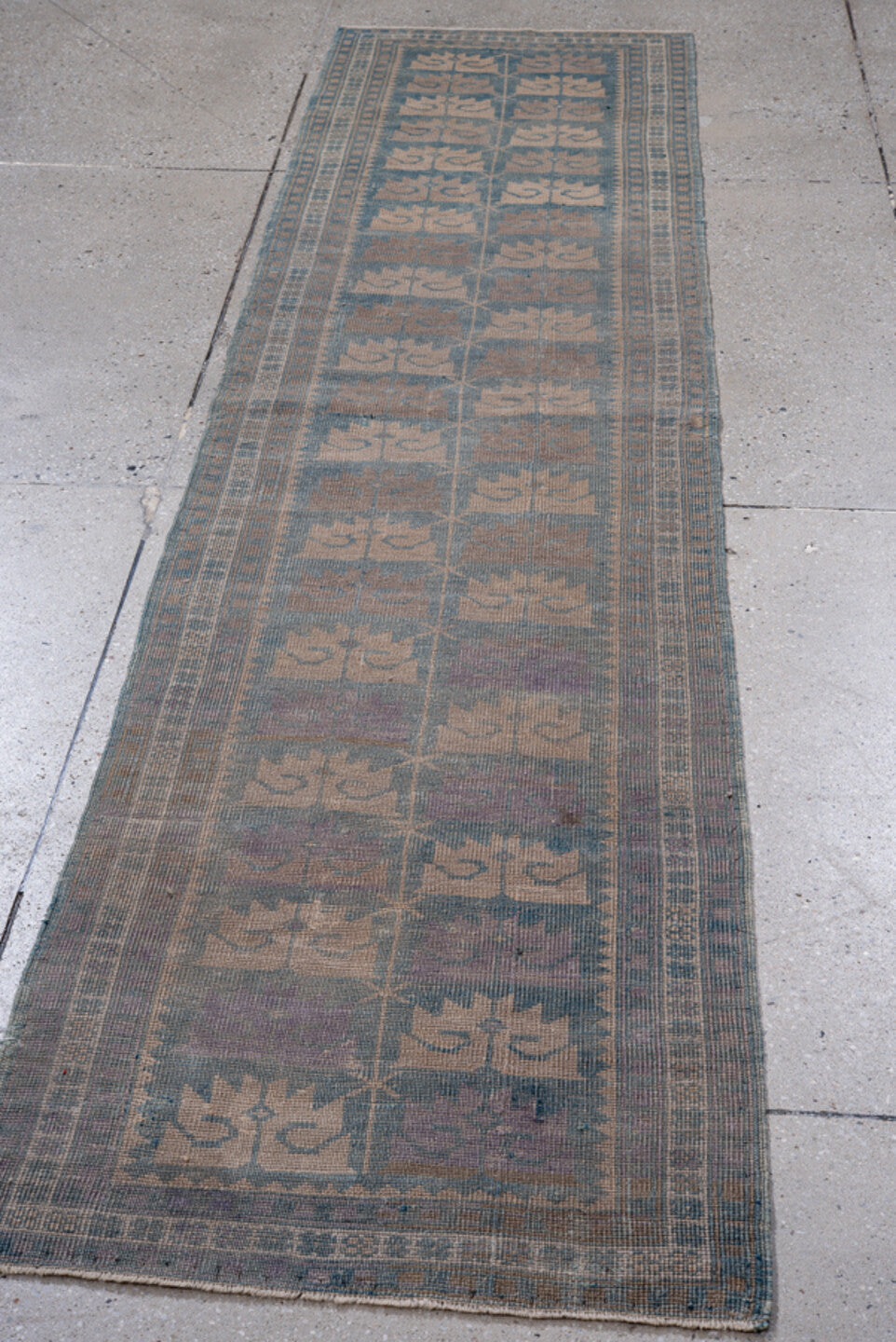 2' x 9' one-of-a-kind handmade vintage Oushak runner rug. Color palette: blue, dim gray, gray, pink