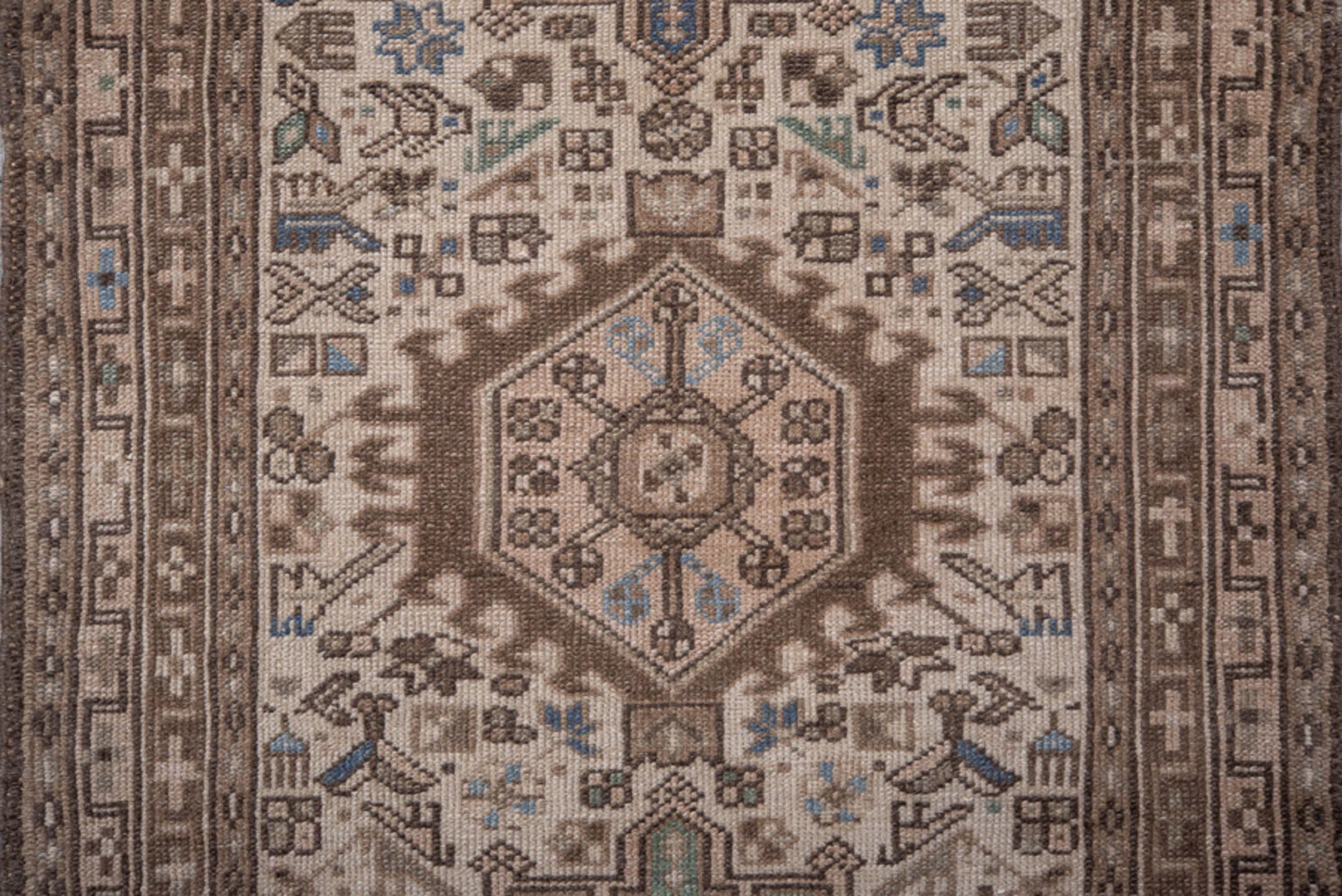 2' x 9' one-of-a-kind handmade antique Karaje runner rug. Color palette: ivory, brown, taupe, slate blue, sage, charcoal