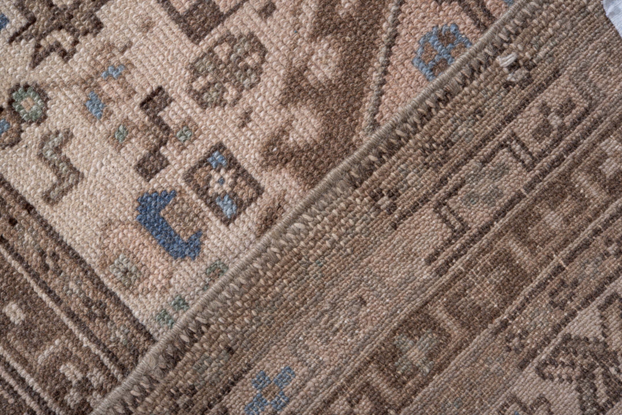 2' x 9' one-of-a-kind handmade antique Karaje runner rug. Color palette: ivory, brown, taupe, slate blue, sage, charcoal