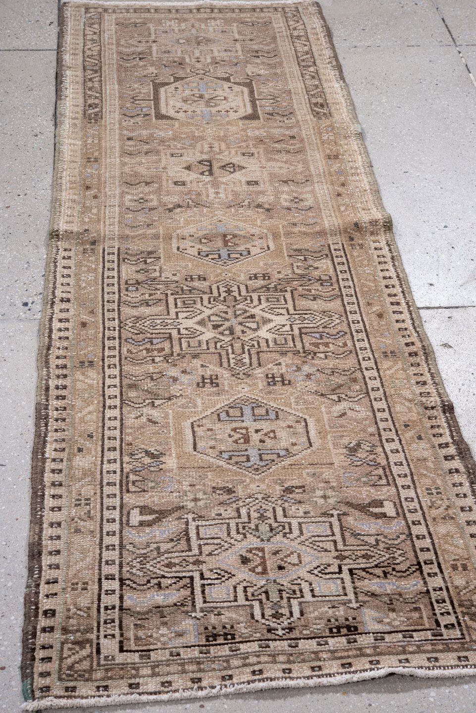 2' x 6' one-of-a-kind handmade vintage Karaje runner rug. Color palette: brown, dark gray, dim gray, gray, light gray