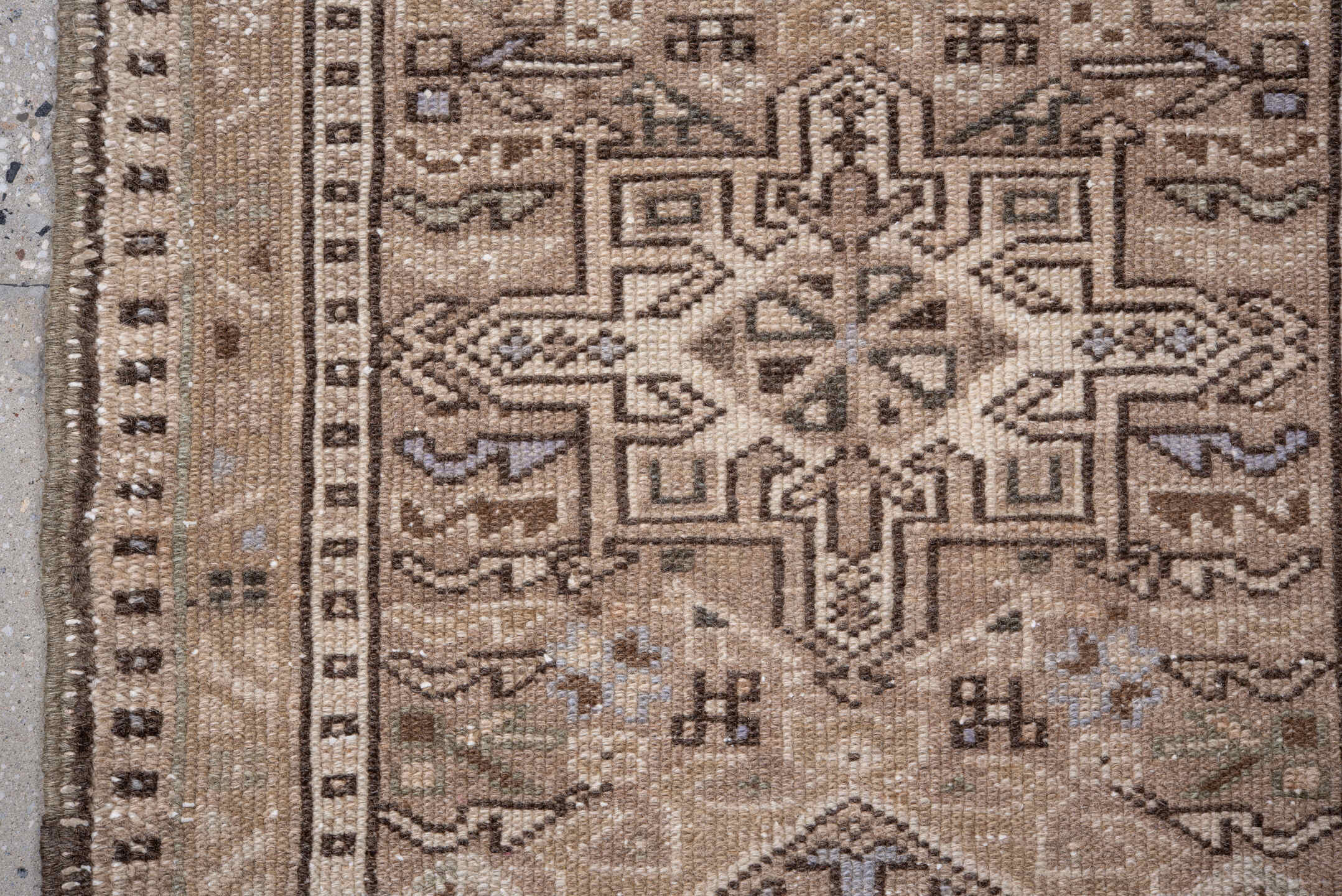 2' x 6' one-of-a-kind handmade vintage Karaje runner rug. Color palette: brown, dark gray, dim gray, gray, light gray