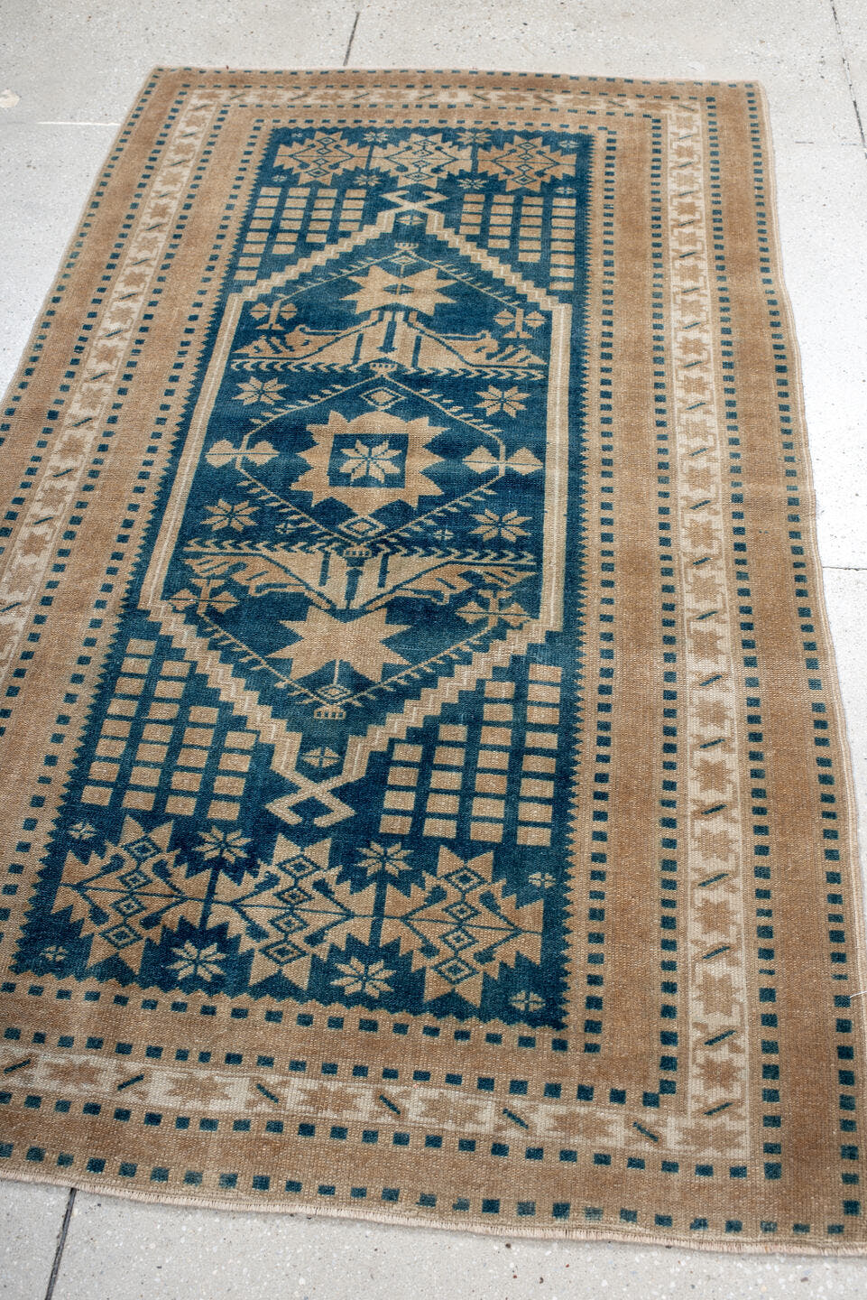 3' x 6' one-of-a-kind handmade antique Anatolian small size rug. Color palette: ivory, teal, camel, beige