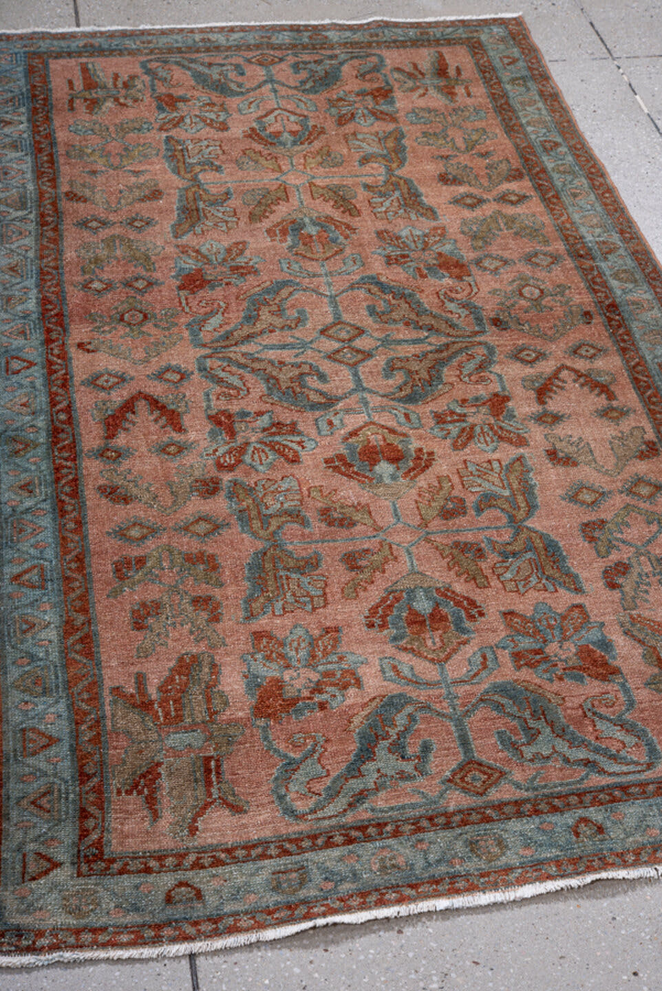 3' x 6' one-of-a-kind handmade antique Lilian small size rug. Color palette: rose, sky blue, rust, sage, ivory, taupe, pink