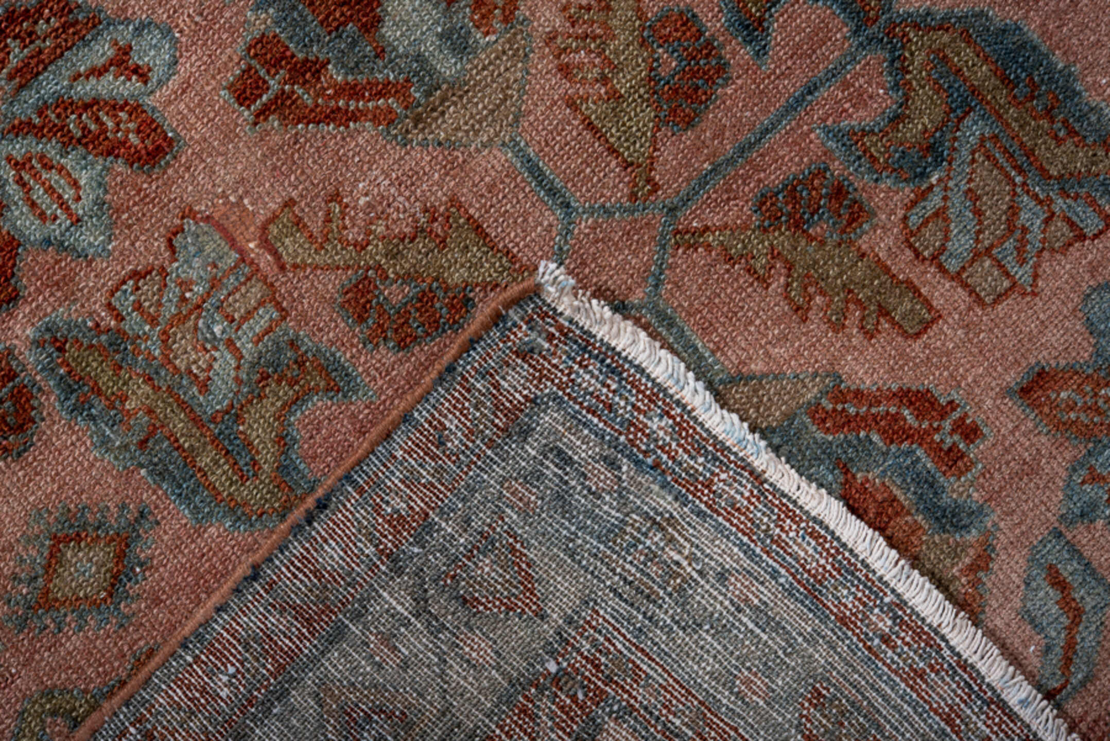 3' x 6' one-of-a-kind handmade antique Lilian small size rug. Color palette: rose, sky blue, rust, sage, ivory, taupe, pink