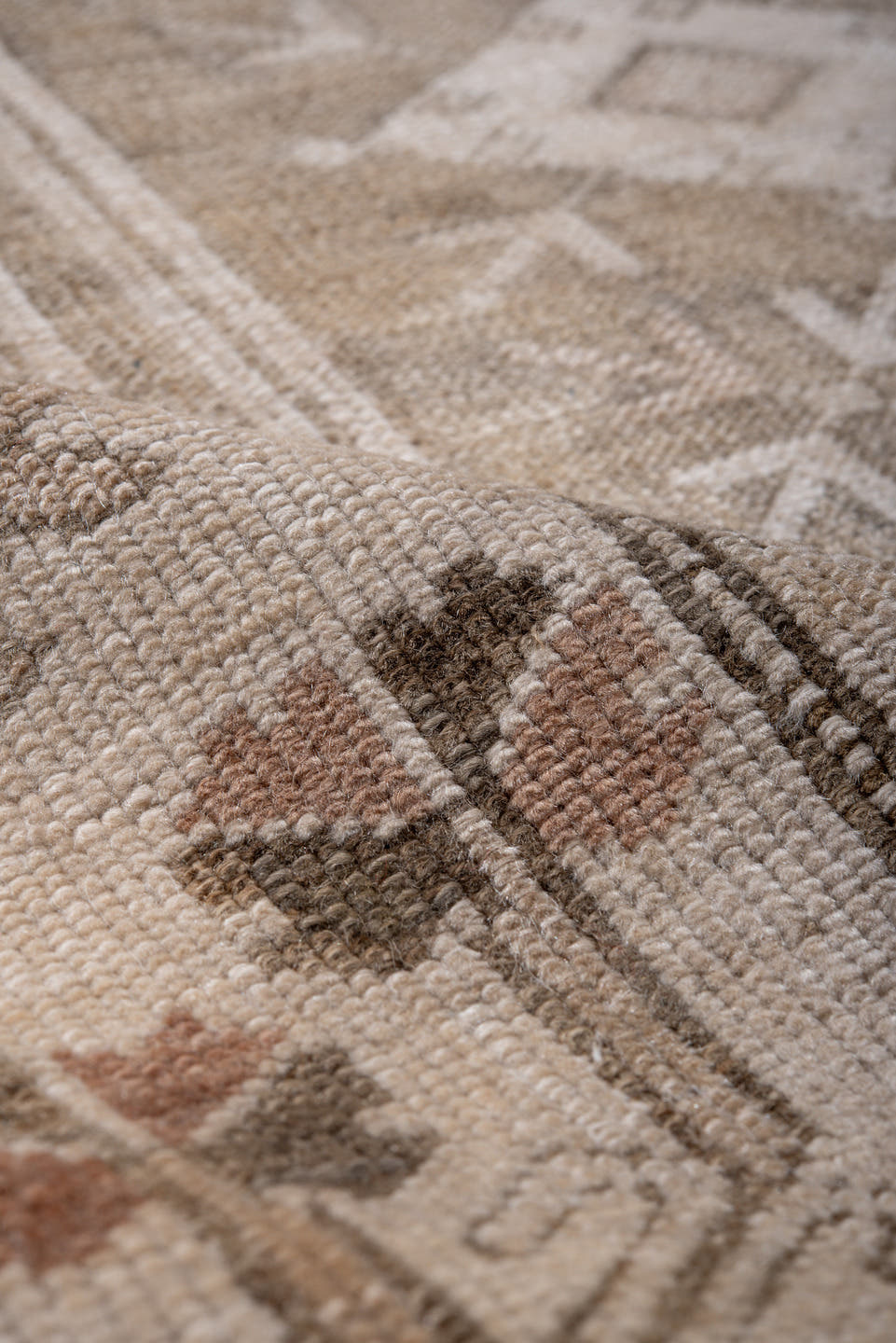 4' x 7' one-of-a-kind handmade antique Oushak rug. Color palette: ivory, taupe, beige, camel, brown, rose, sage, gray, pink