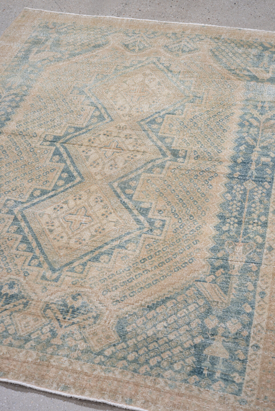 4' x 6' one-of-a-kind handmade antique Afshar small size rug. Color palette: ivory, pale blue, sand, beige, taupe