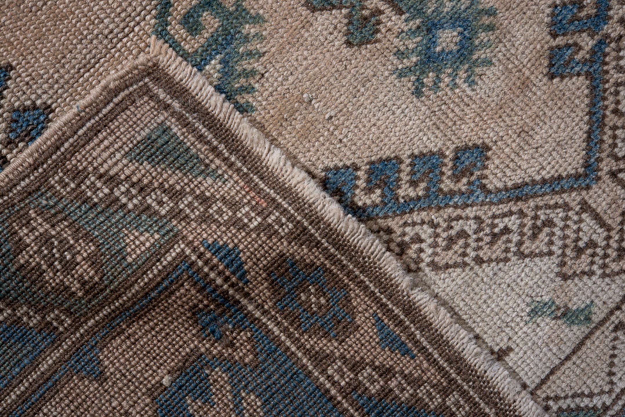 3' x 5' one-of-a-kind handmade antique Oushak small size rug. Color palette: ivory, sky blue, teal, taupe, brown, sage