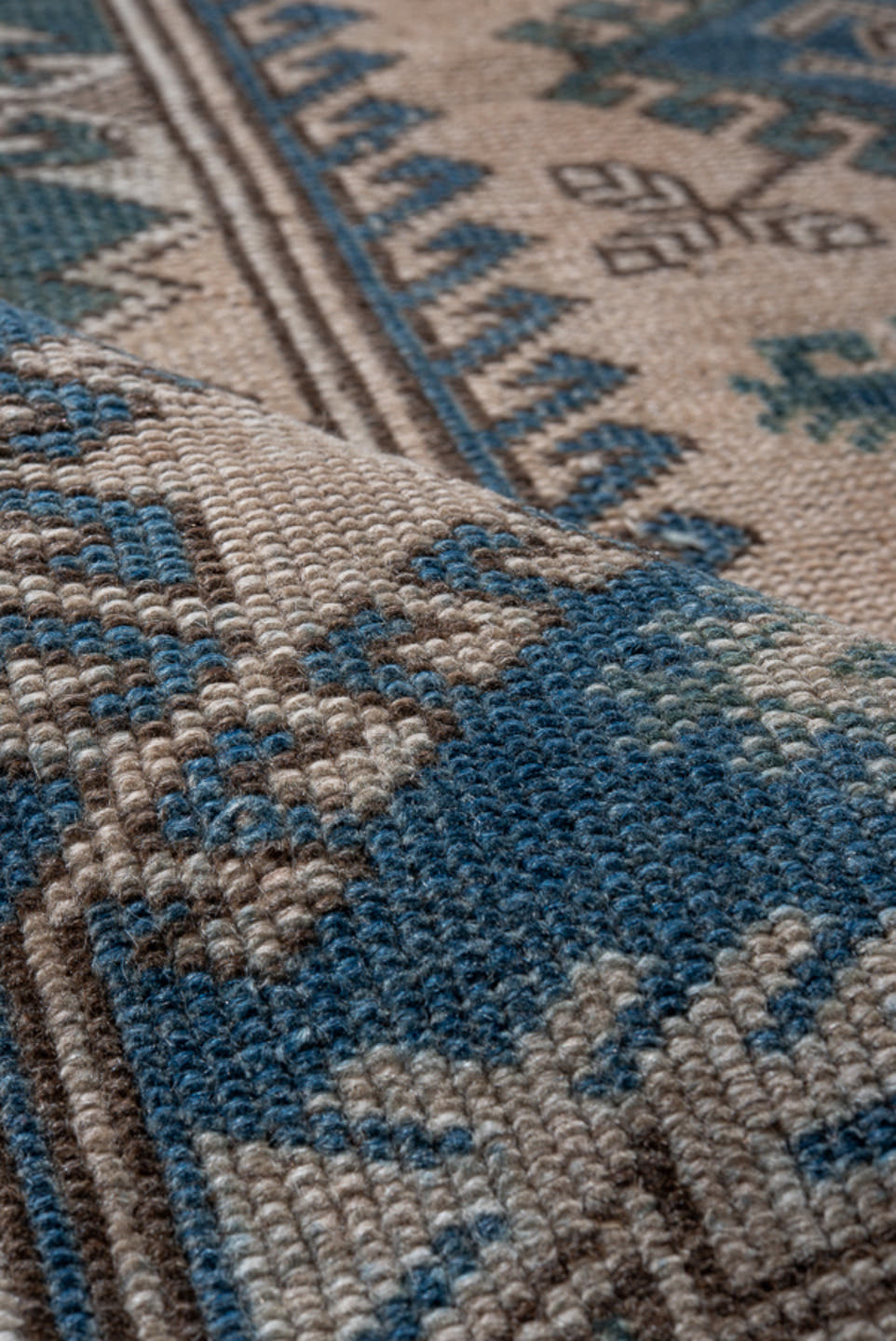 3' x 5' one-of-a-kind handmade antique Oushak small size rug. Color palette: ivory, sky blue, teal, taupe, brown, sage