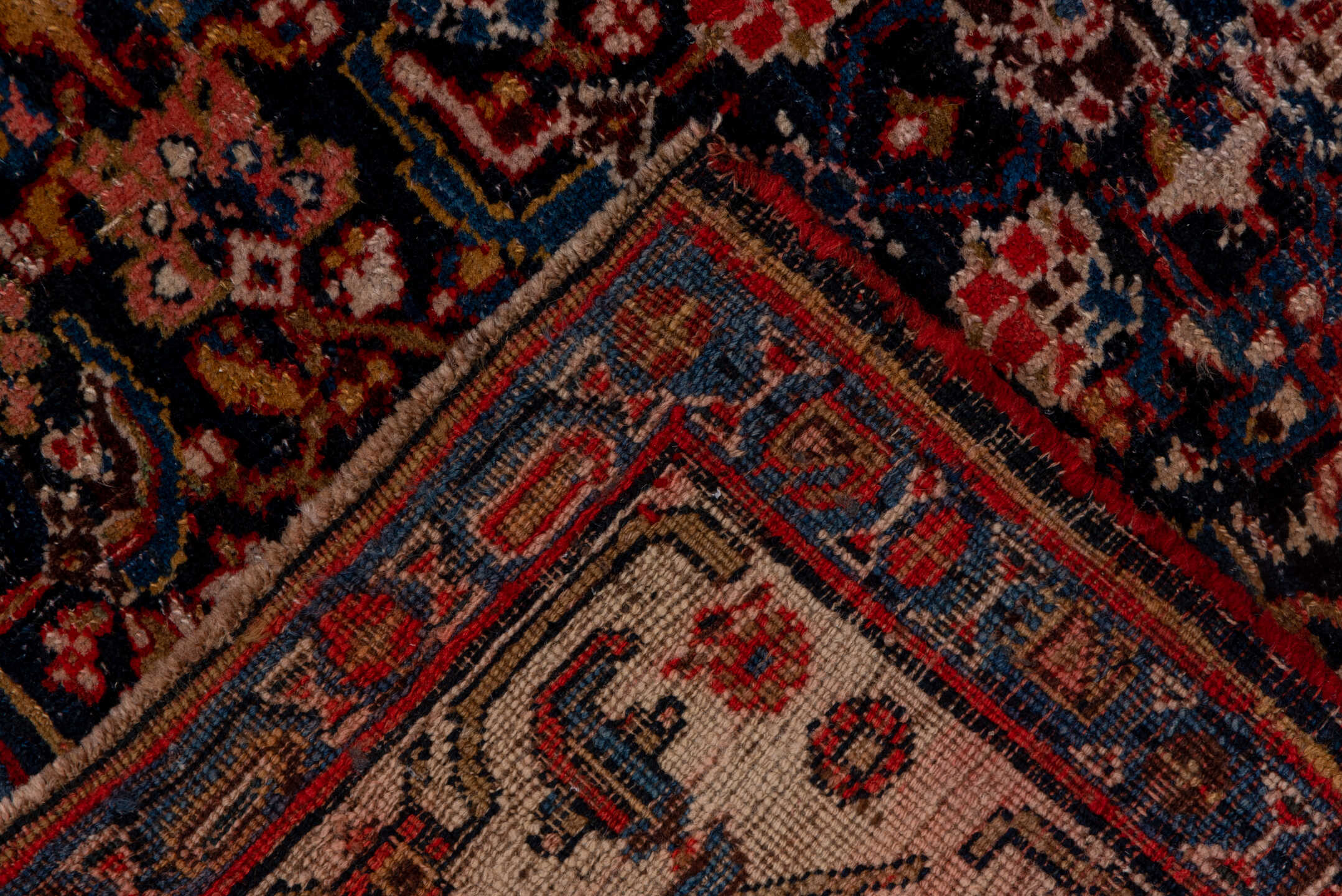 4' x 12' one-of-a-kind handmade antique Bidjar runner rug. Color palette: navy, ivory, rust, terracotta, indigo, camel, rose
