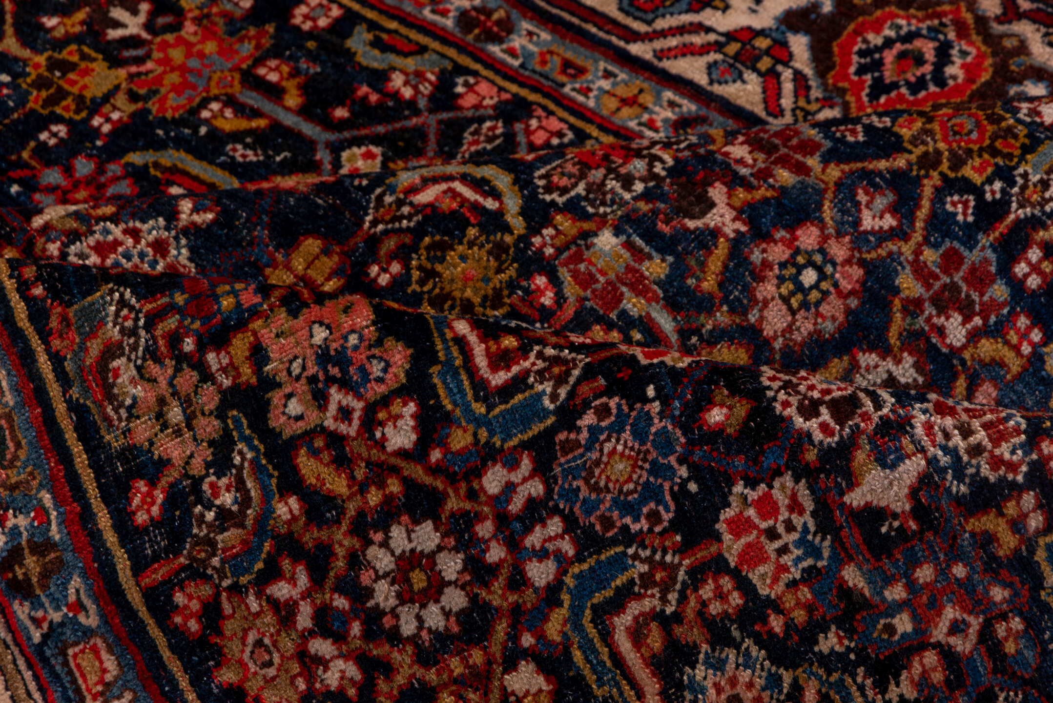 4' x 12' one-of-a-kind handmade antique Bidjar runner rug. Color palette: navy, ivory, rust, terracotta, indigo, camel, rose