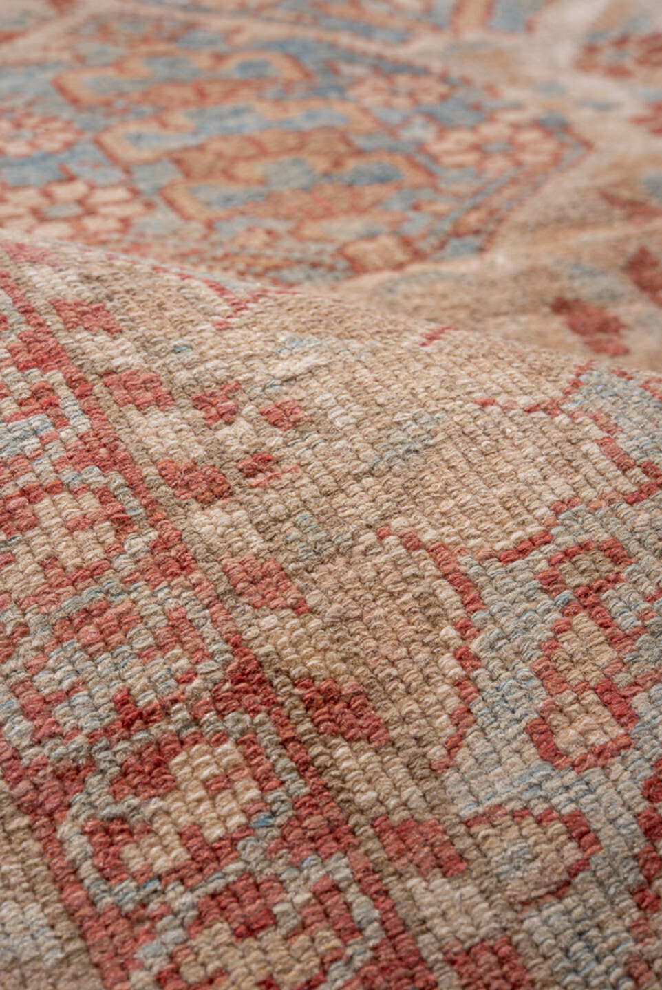 6' x 9' one-of-a-kind handmade antique Baktiary medium size rug. Color palette: ivory, blush, pale blue, rose, taupe, sage