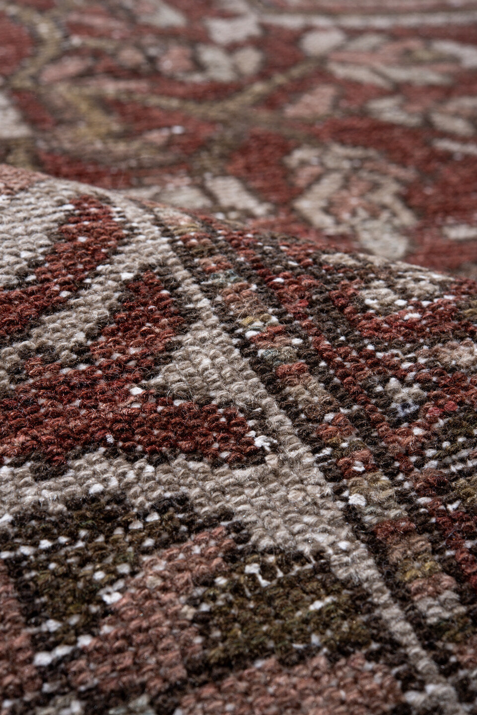 7' x 10' one-of-a-kind handmade antique Baktiary large size rug. Color palette: rust, ivory, taupe, sage, rose, brown, olive