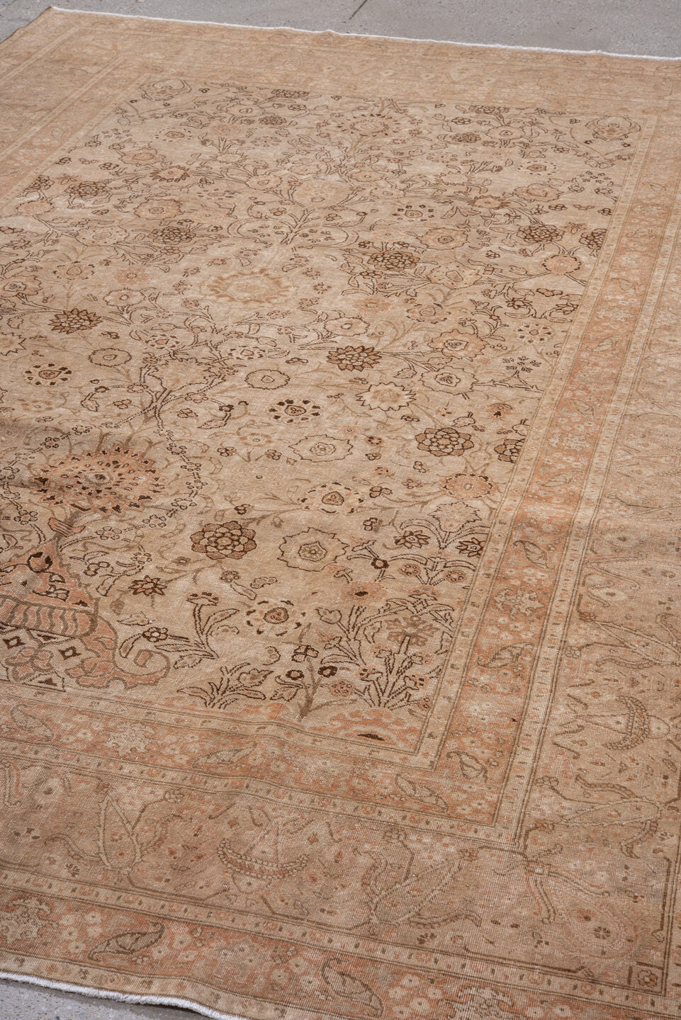 7' x 10' one-of-a-kind handmade antique Tabriz large size rug. Color palette: beige, blush, ivory, taupe, camel, peach