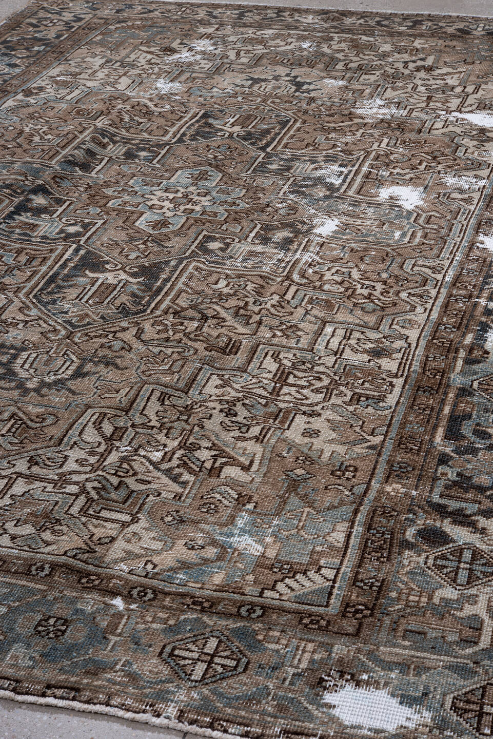 7' x 10' one-of-a-kind handmade vintage Heriz large size rug. Color palette: black, brown, charcoal, dark gray, dim gray