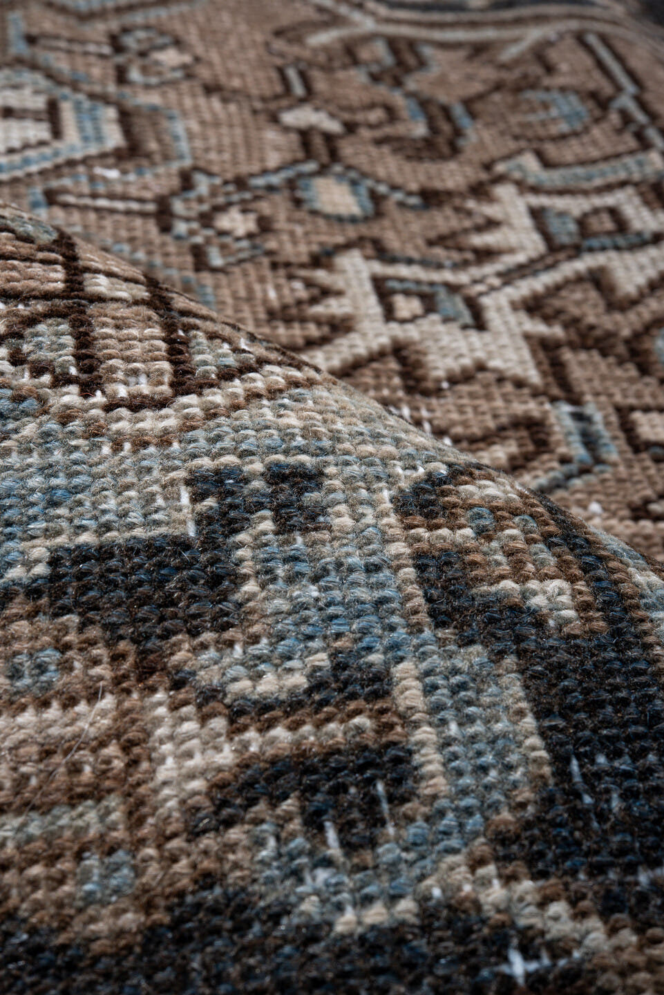 7' x 10' one-of-a-kind handmade antique Heriz large size rug. Color palette: taupe, brown, ivory, slate, charcoal, camel
