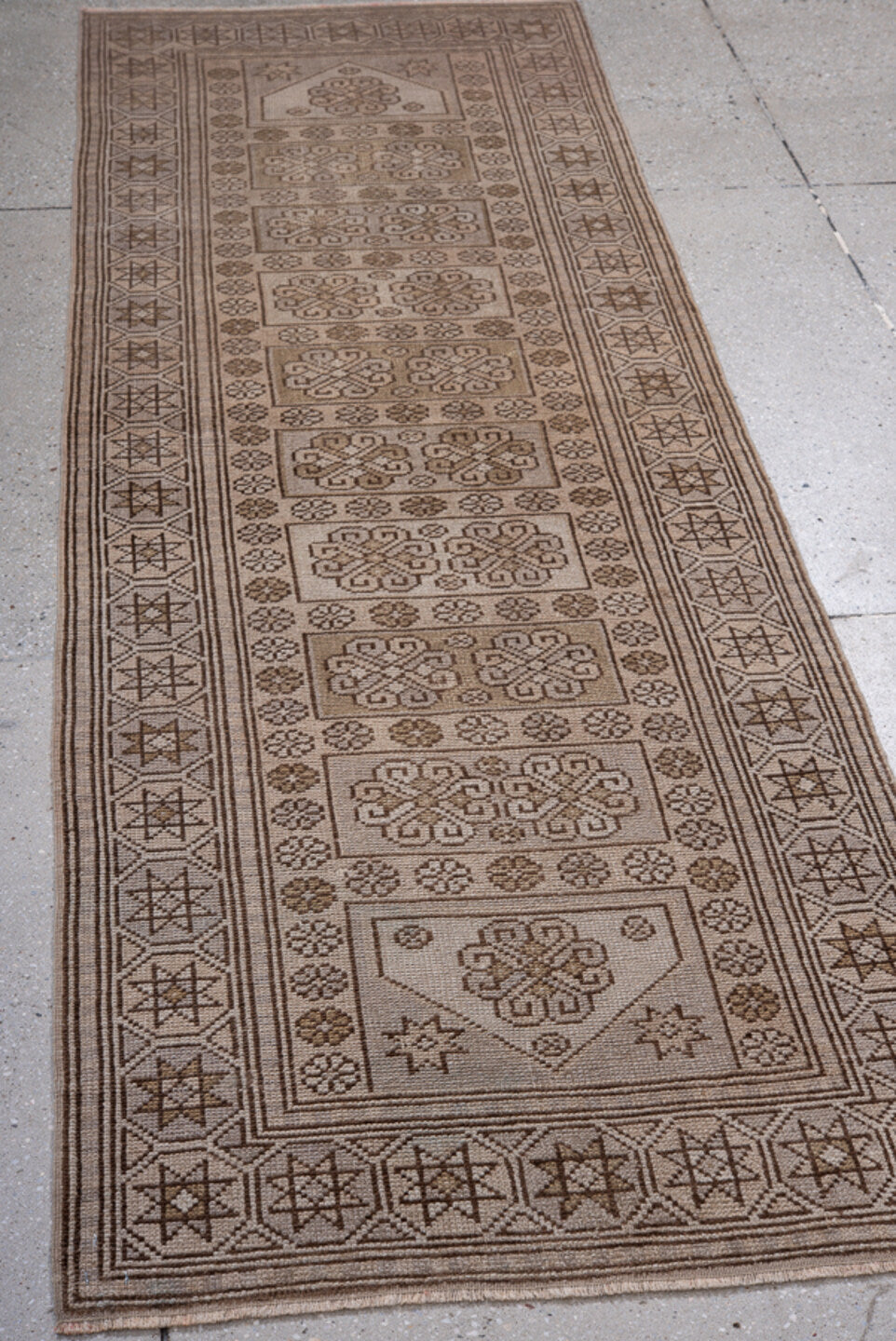 2' x 7' one-of-a-kind handmade antique Oushak runner rug. Color palette: taupe, brown, ivory, camel, beige, gray