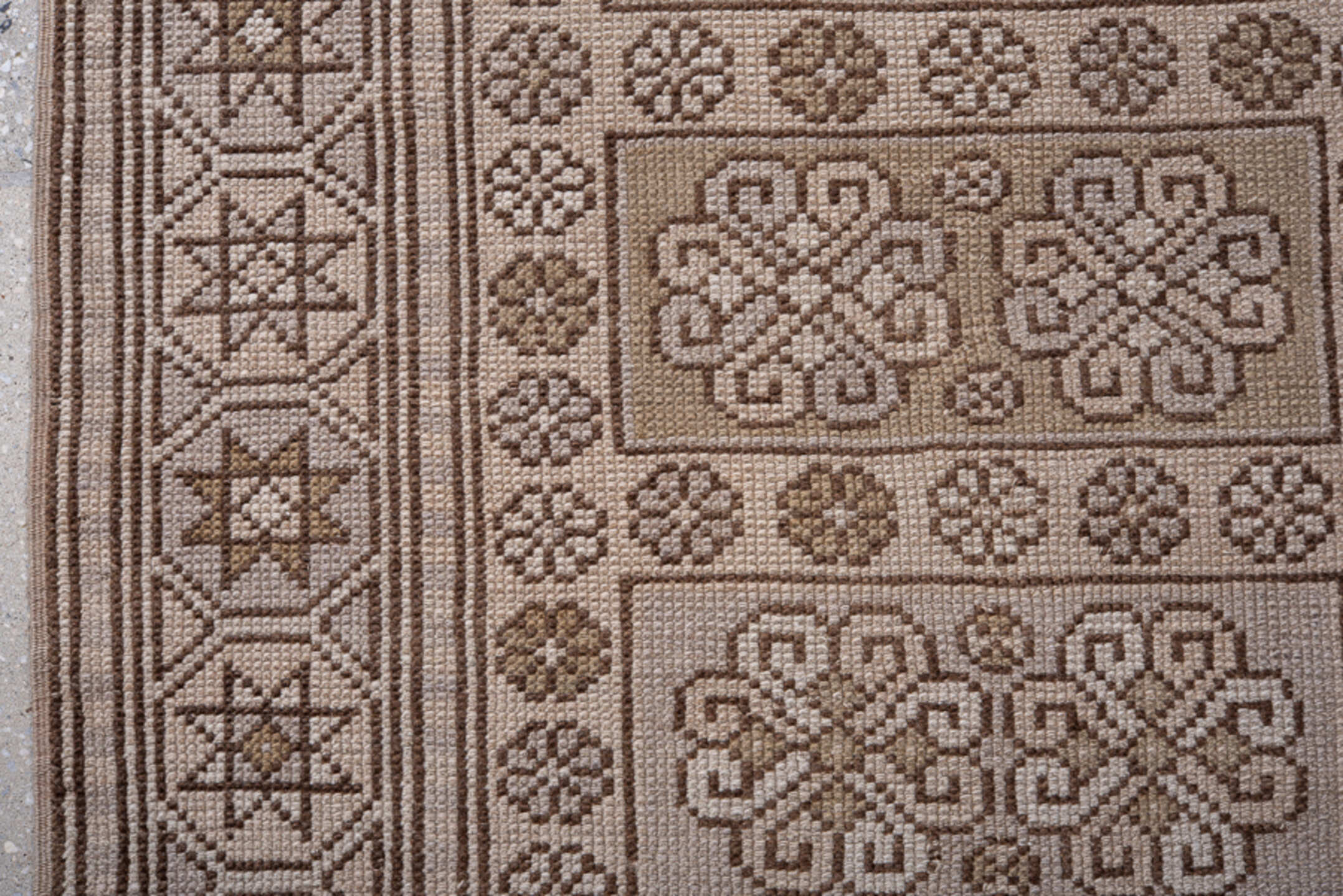 2' x 7' one-of-a-kind handmade antique Oushak runner rug. Color palette: taupe, brown, ivory, camel, beige, gray
