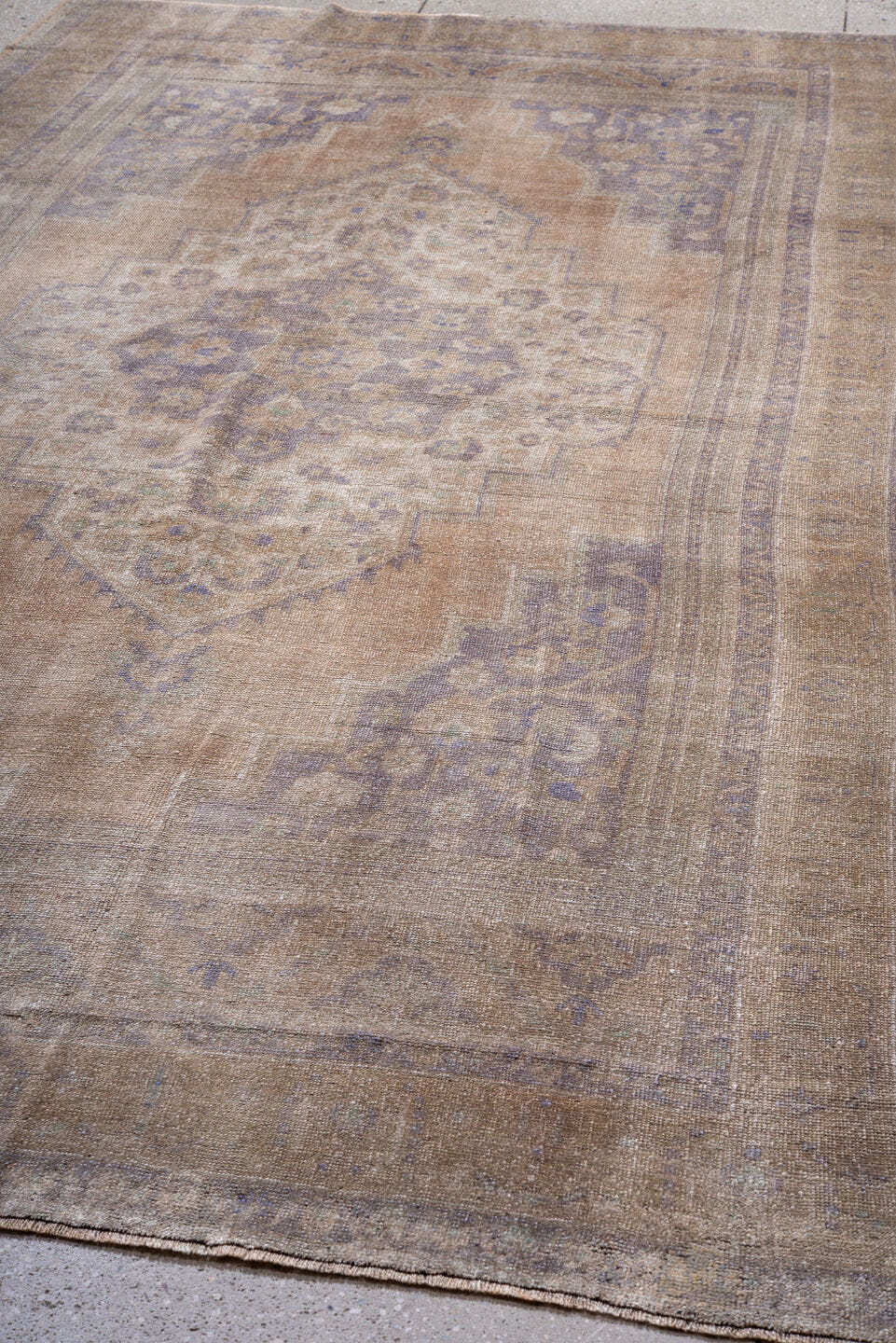 6' x 11' one-of-a-kind handmade vintage Oushak large size rug. Color palette: taupe, beige, lavender, ivory, dusty blue