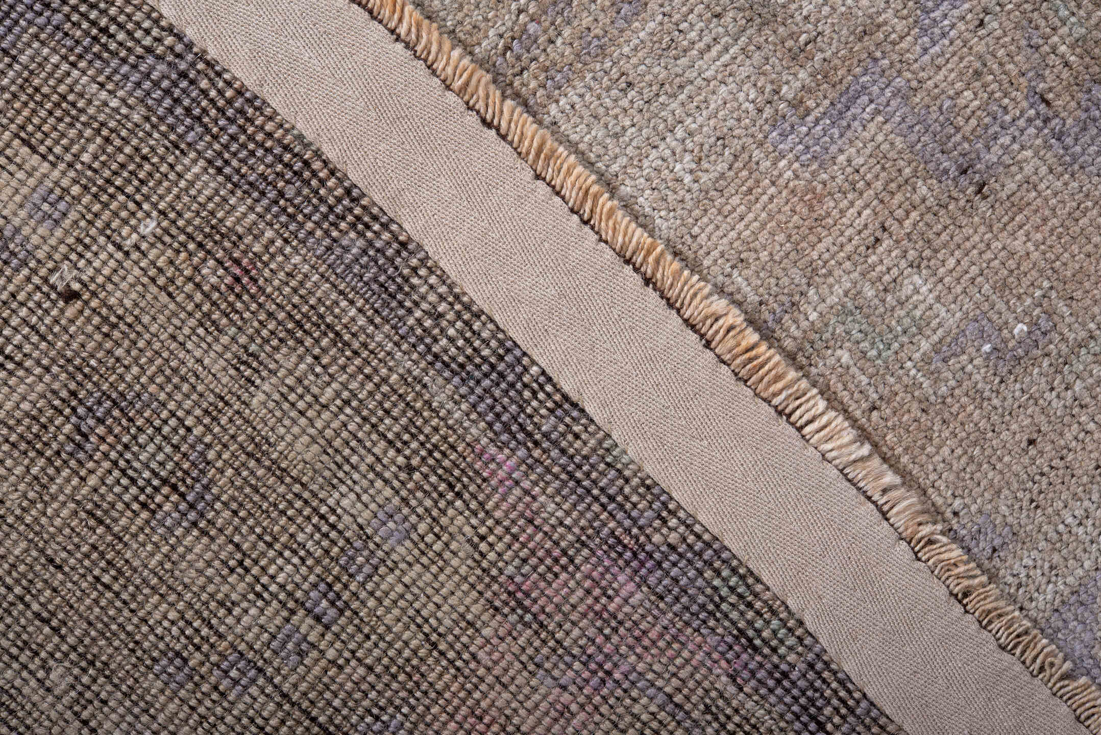 6' x 11' one-of-a-kind handmade vintage Oushak large size rug. Color palette: taupe, beige, lavender, ivory, dusty blue