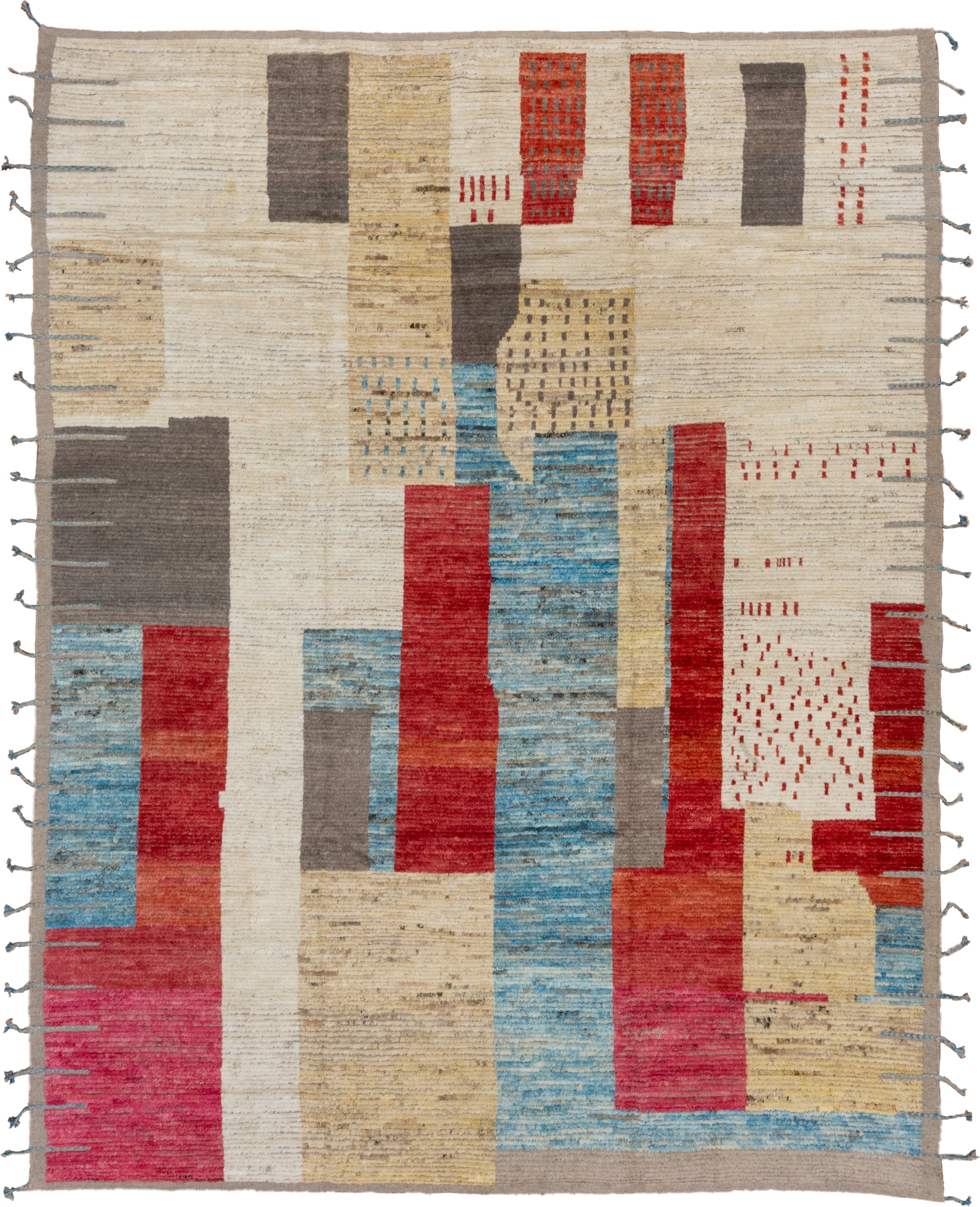 9' x 12' one-of-a-kind handmade vintage Tulu large size rug. Color palette: ivory, sky blue, crimson, gold, charcoal, rose
