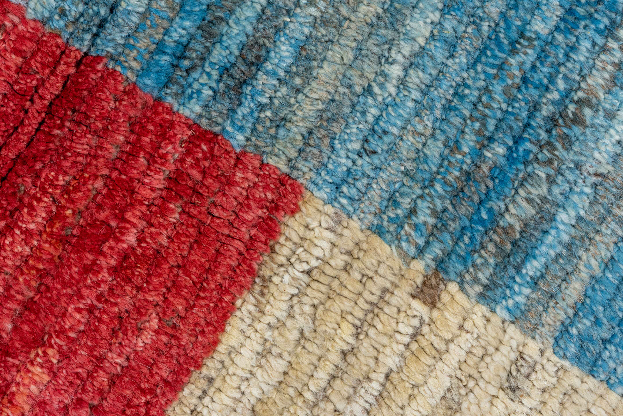 9' x 12' one-of-a-kind handmade vintage Tulu large size rug. Color palette: ivory, sky blue, crimson, gold, charcoal, rose