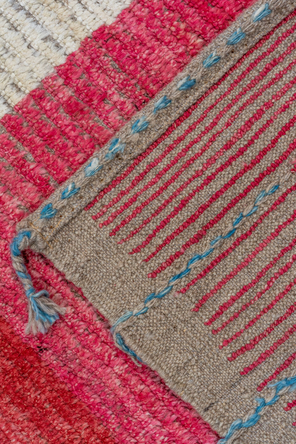 9' x 12' one-of-a-kind handmade vintage Tulu large size rug. Color palette: ivory, sky blue, crimson, gold, charcoal, rose