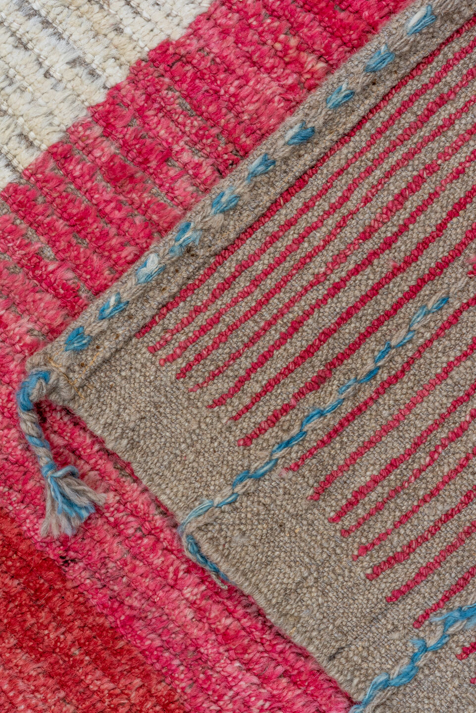 9' x 12' one-of-a-kind handmade vintage Tulu large size rug. Color palette: ivory, sky blue, crimson, gold, charcoal, rose