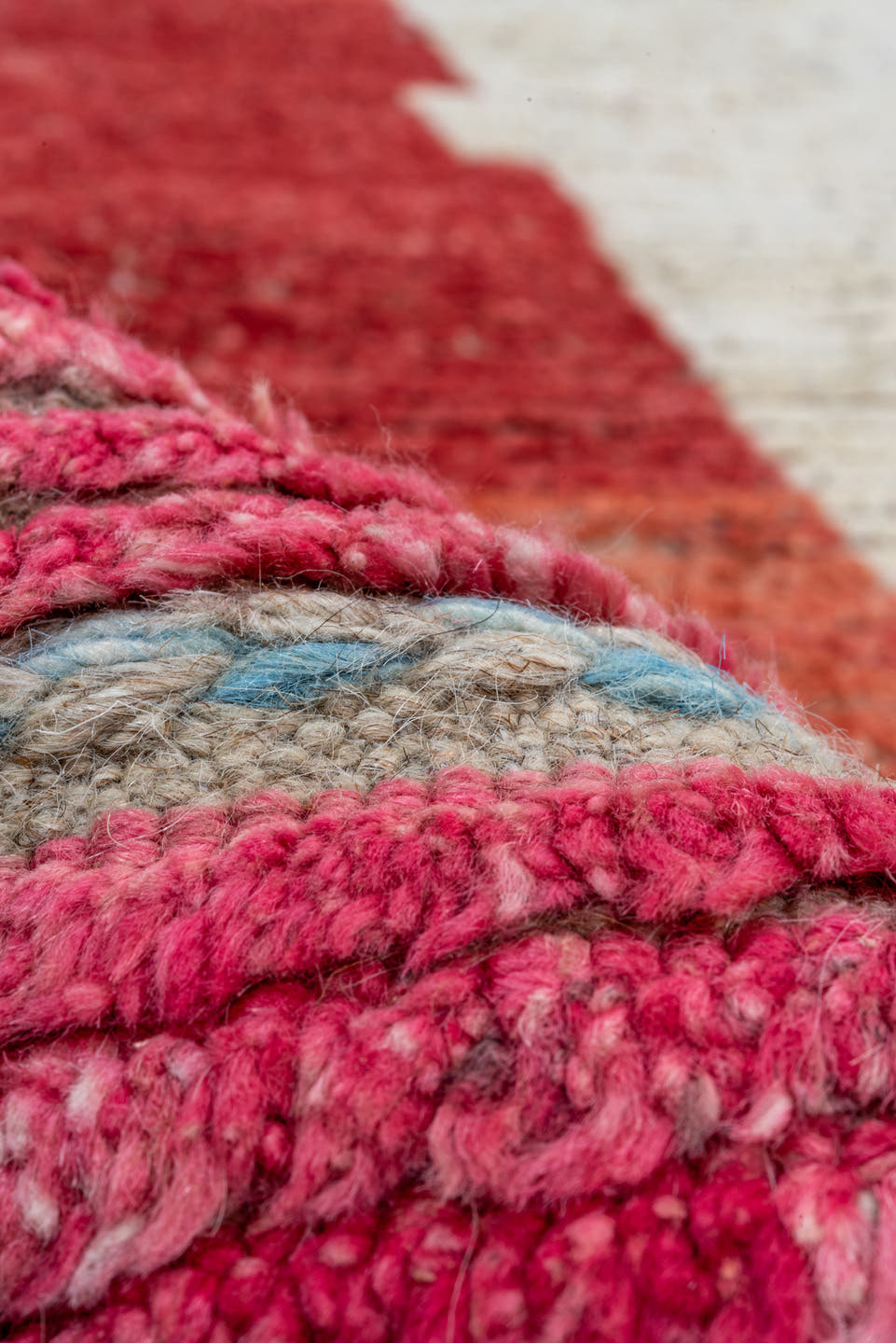 9' x 12' one-of-a-kind handmade vintage Tulu large size rug. Color palette: ivory, sky blue, crimson, gold, charcoal, rose