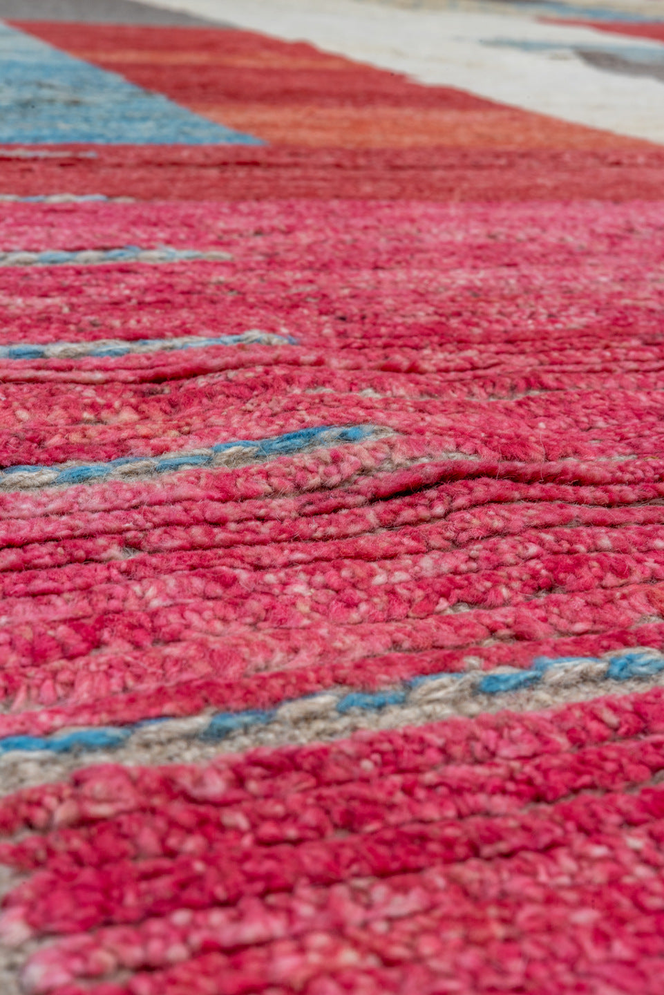 9' x 12' one-of-a-kind handmade vintage Tulu large size rug. Color palette: ivory, sky blue, crimson, gold, charcoal, rose