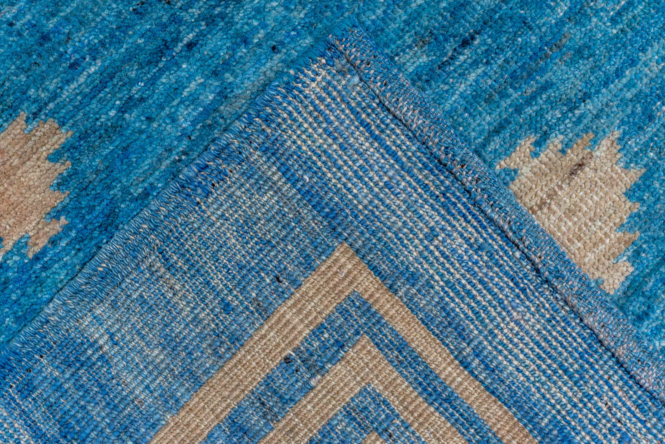12' x 16' one-of-a-kind handmade handmade Modern oversize rug. Color palette: turquoise, ivory, sky blue, teal, light blue