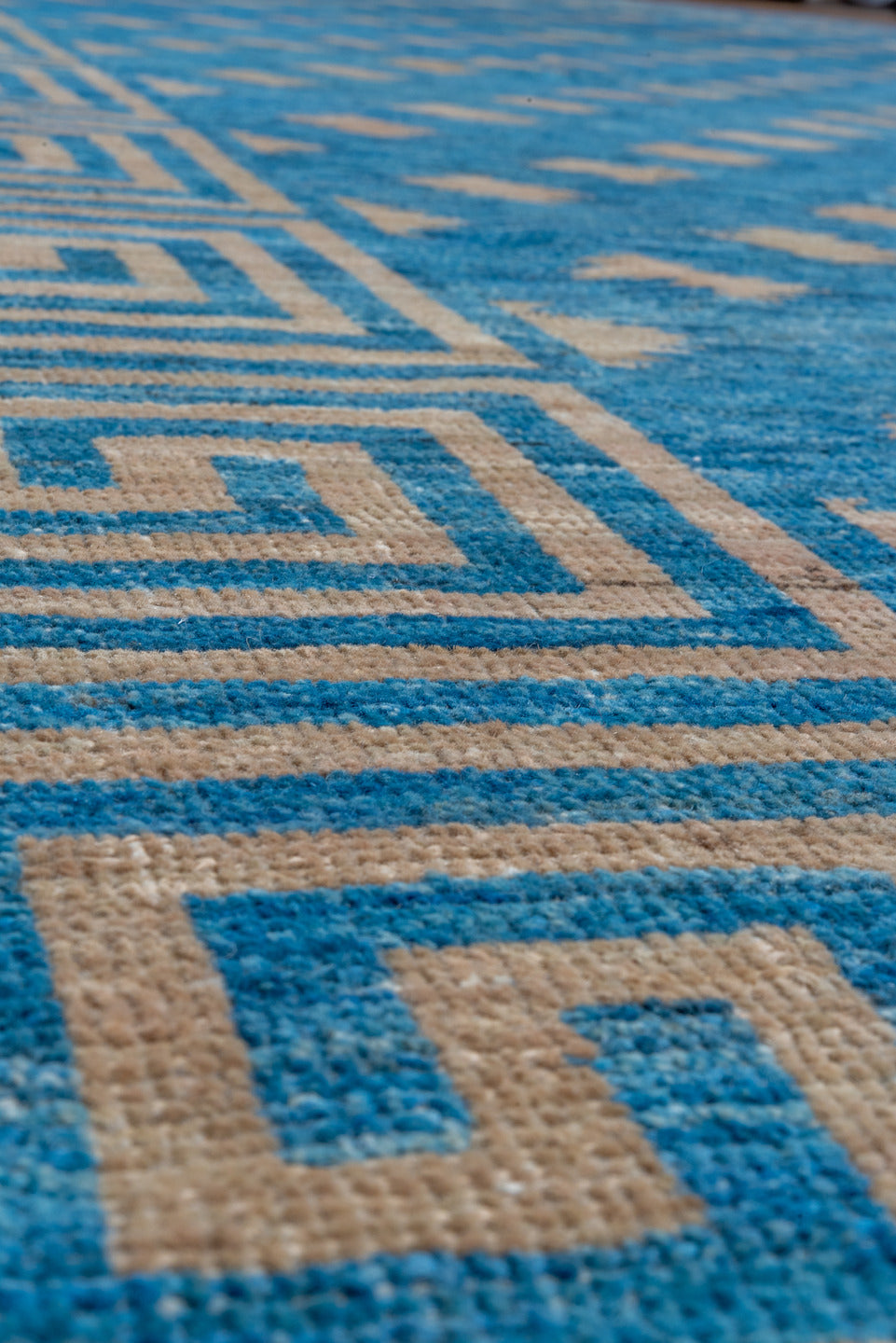 12' x 16' one-of-a-kind handmade vintage Modern oversize rug. Color palette: blue, dark gray, gray, light blue, light gray