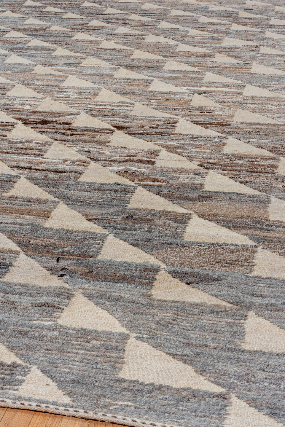 9' x 14' one-of-a-kind handmade vintage Tulu large size rug. Color palette: ivory, slate, taupe, brown, gray, beige