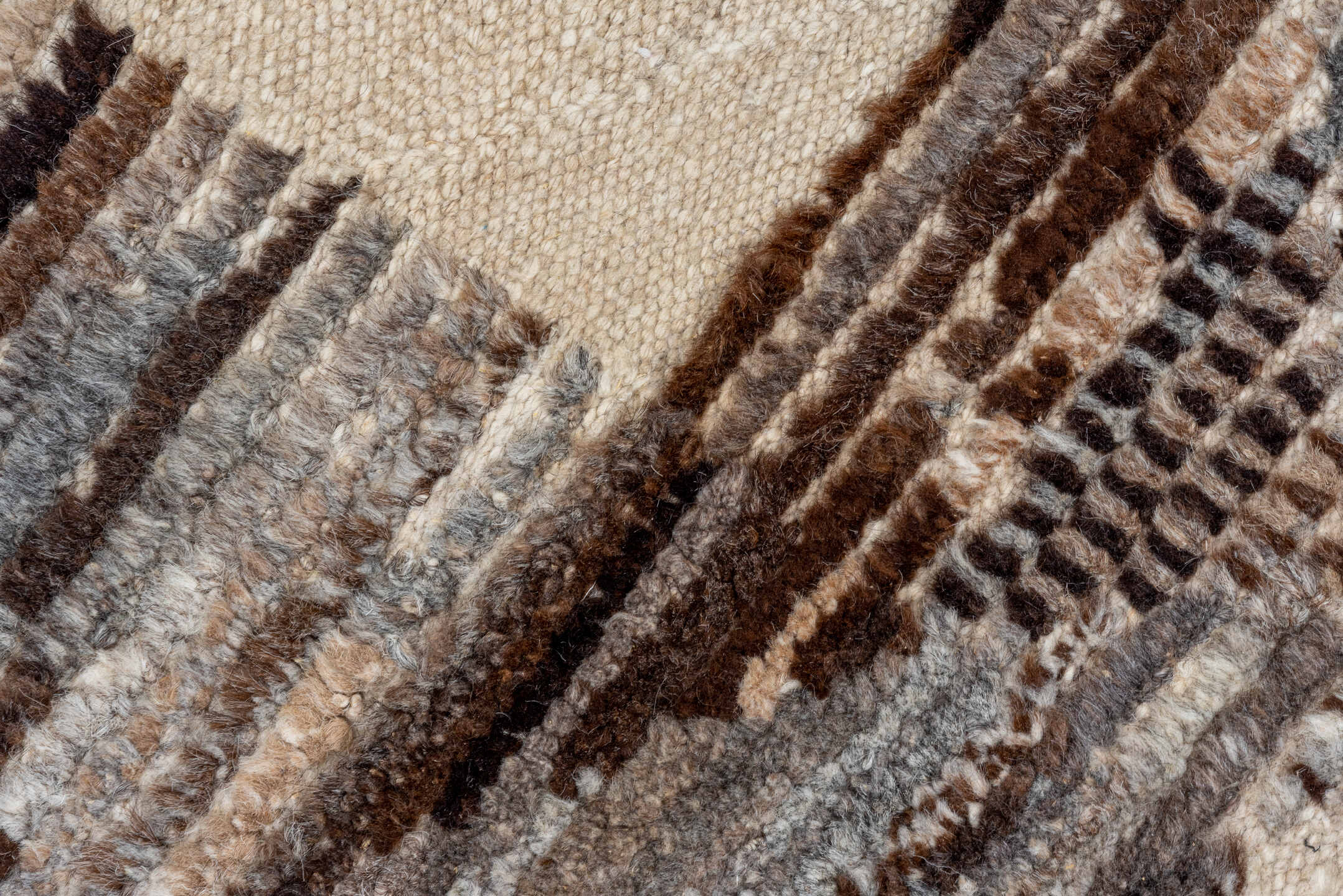 9' x 14' one-of-a-kind handmade vintage Tulu large size rug. Color palette: ivory, slate, taupe, brown, gray, beige