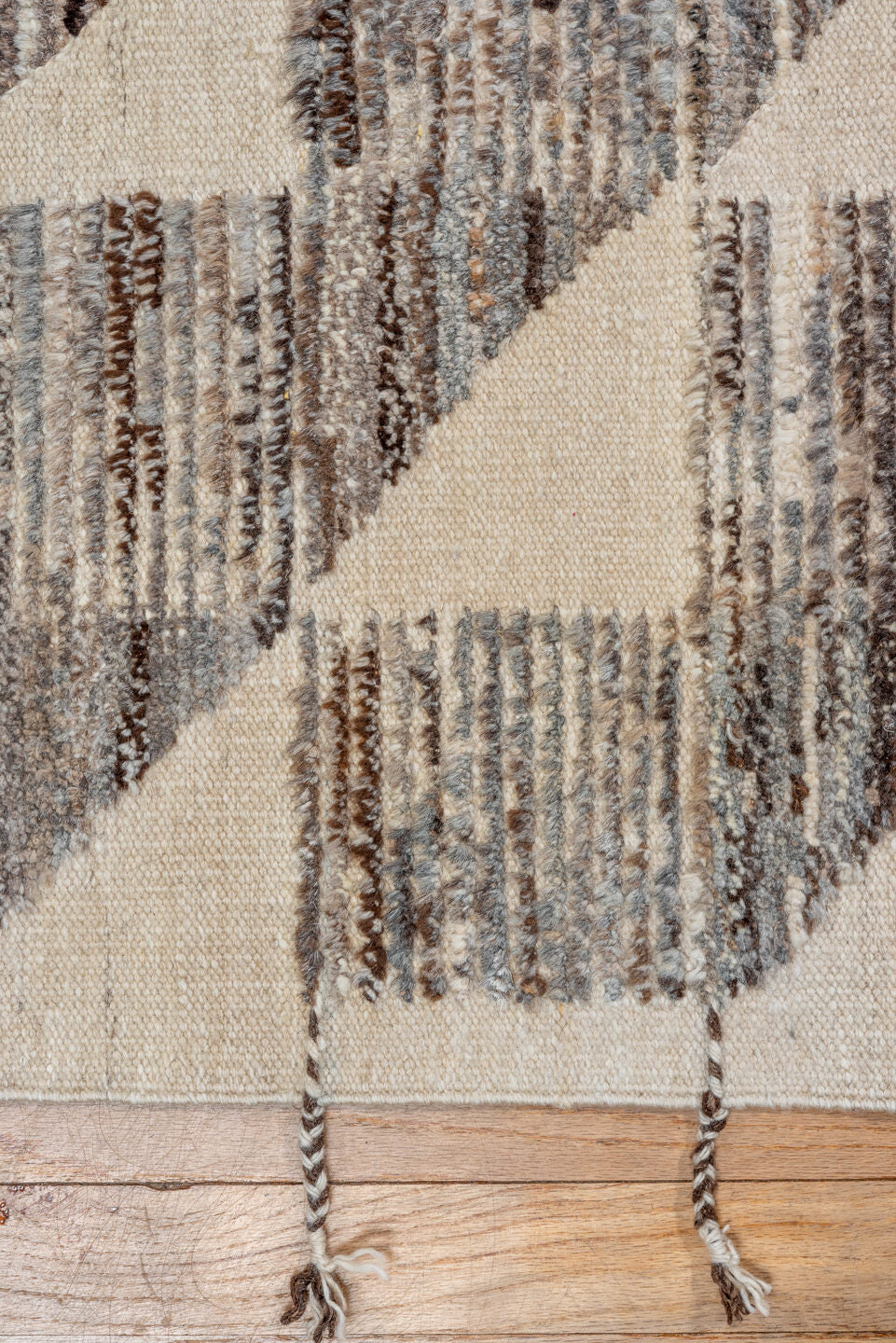 9' x 14' one-of-a-kind handmade vintage Tulu large size rug. Color palette: ivory, slate, taupe, brown, gray, beige