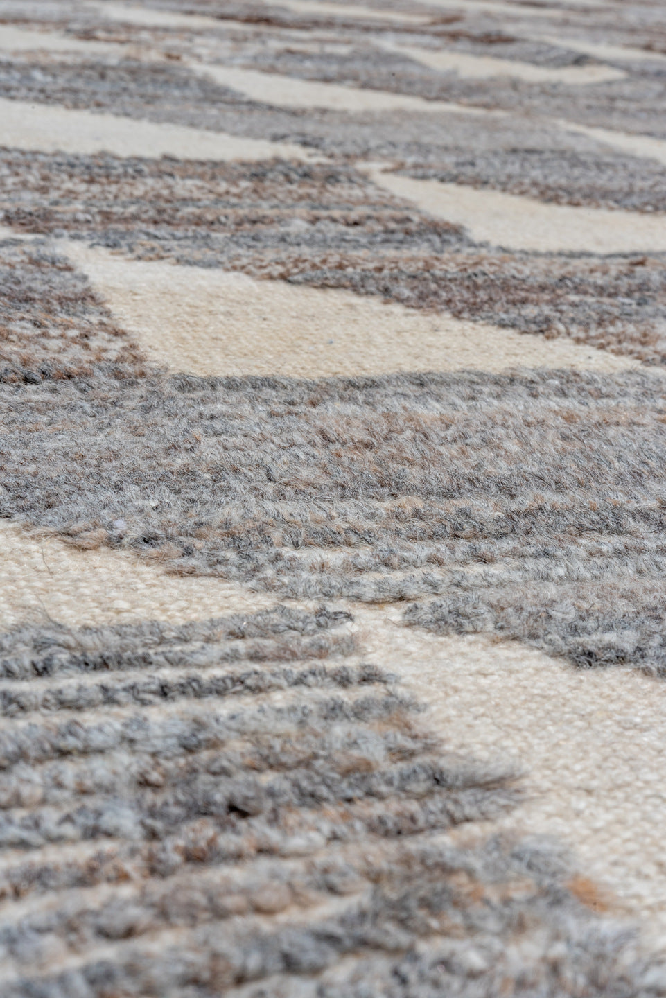 9' x 14' one-of-a-kind handmade vintage Tulu large size rug. Color palette: ivory, slate, taupe, brown, gray, beige